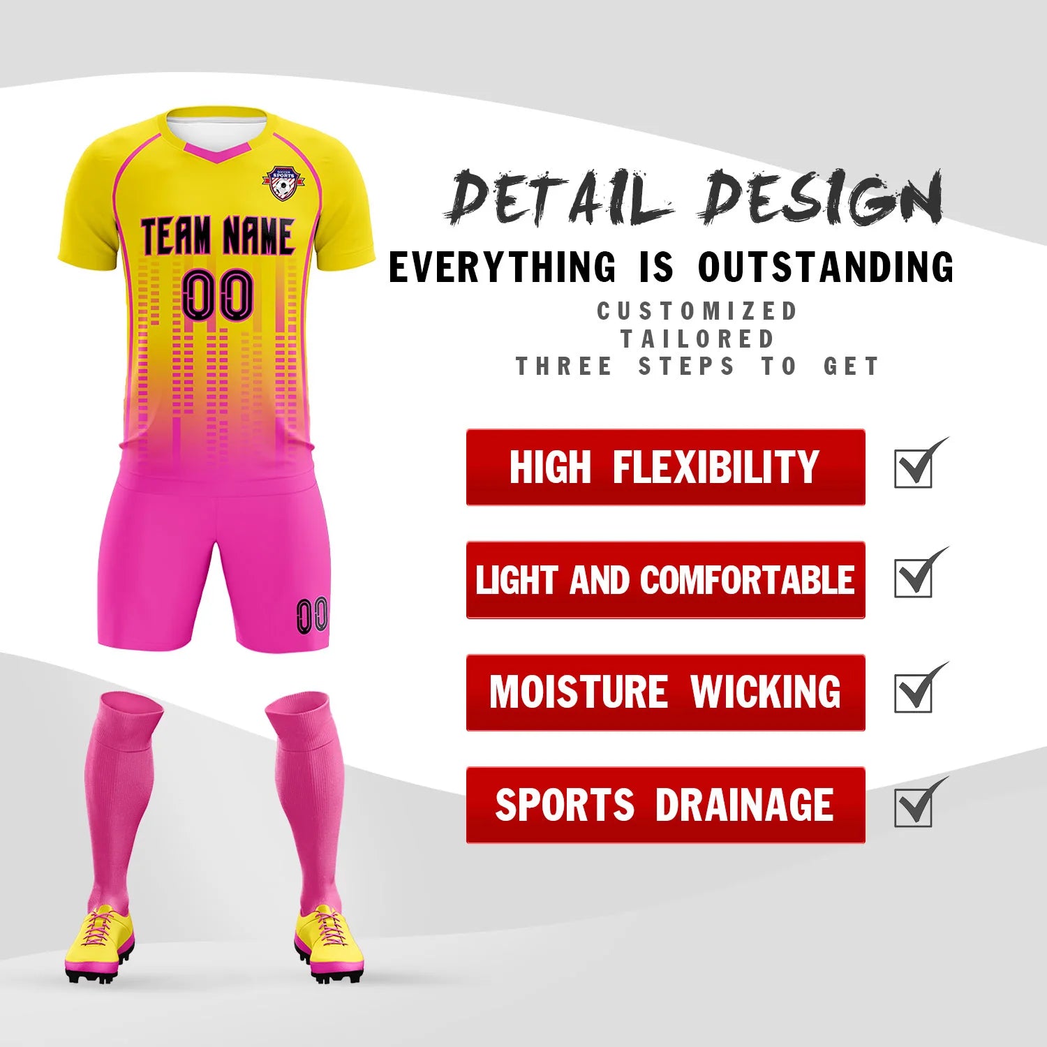 Custom Yellow Pink Printing Outdoor Tracksuit Soccer Sets Jersey