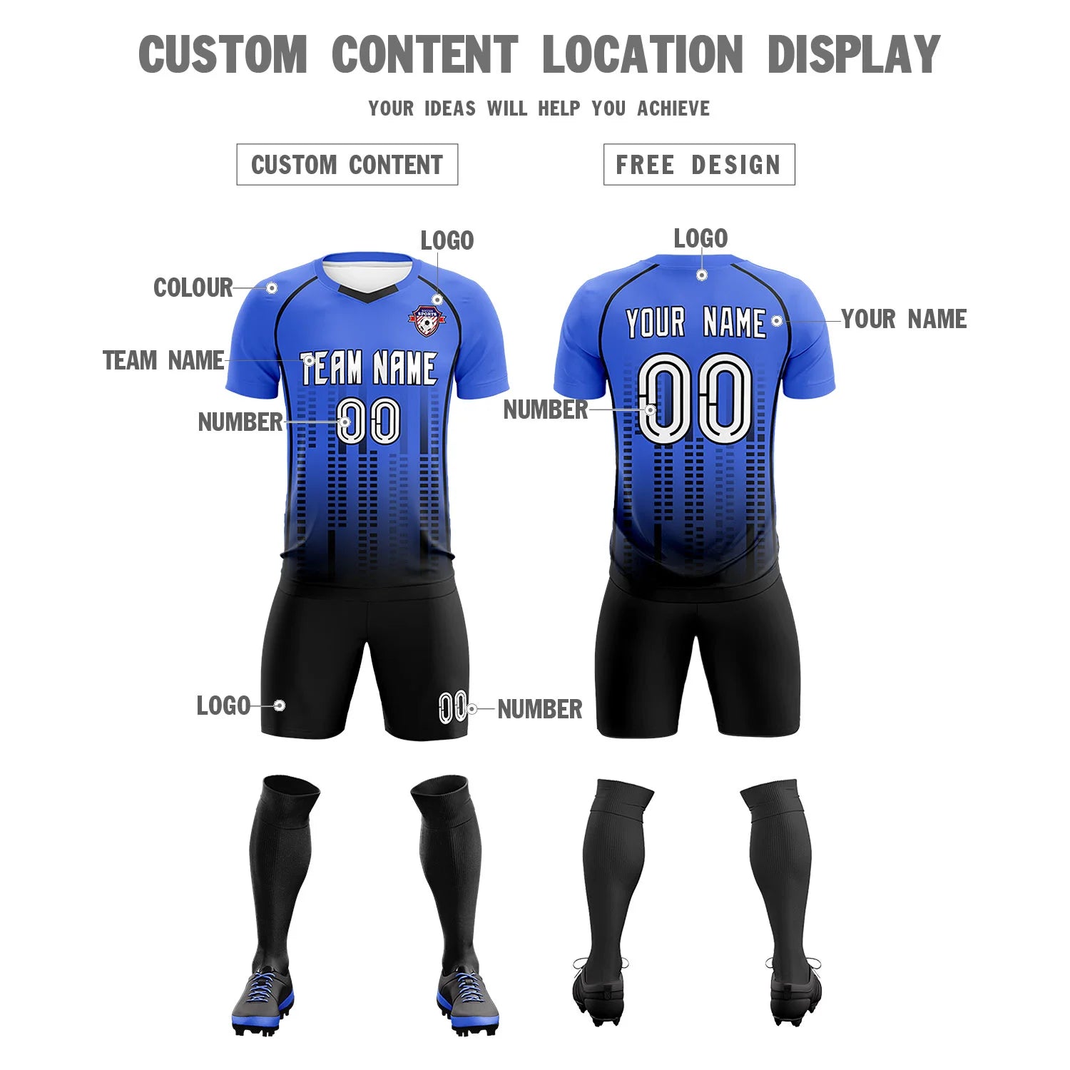 Custom Light Blue-Black Printing Outdoor Tracksuit Soccer Sets Jersey