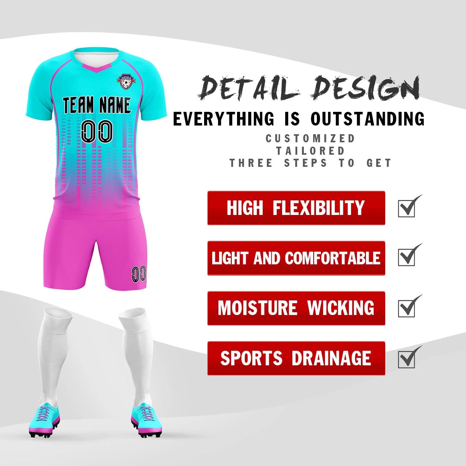 Custom Sky Blue-Pink Printing Outdoor Tracksuit Soccer Sets Jersey