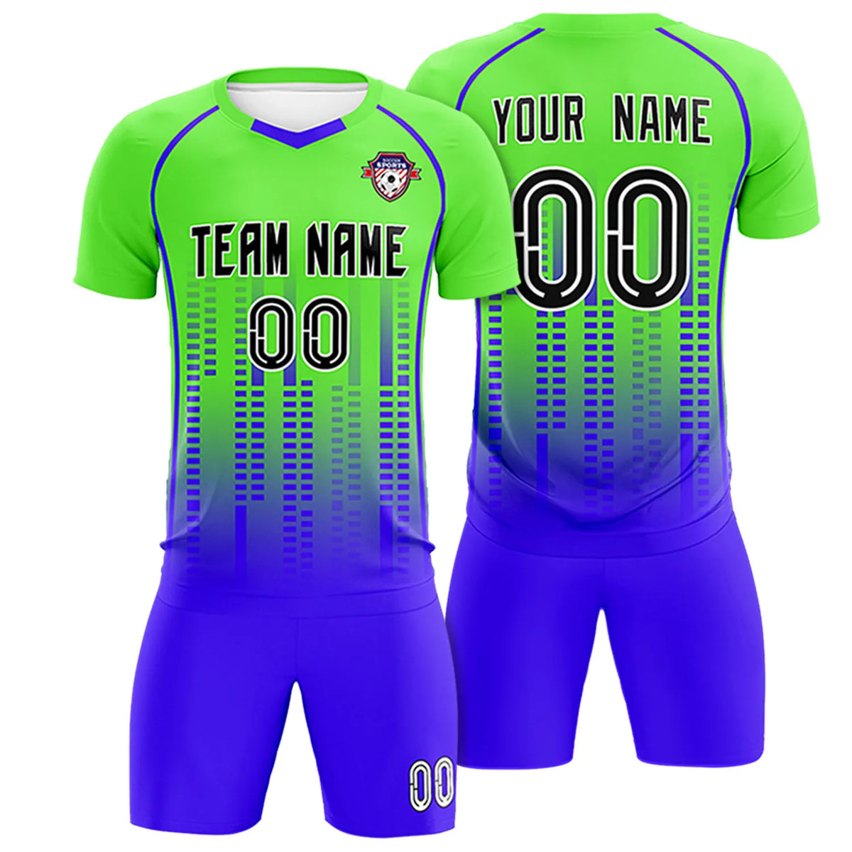 Custom Neon Green-Blue Printing Outdoor Tracksuit Soccer Sets Jersey