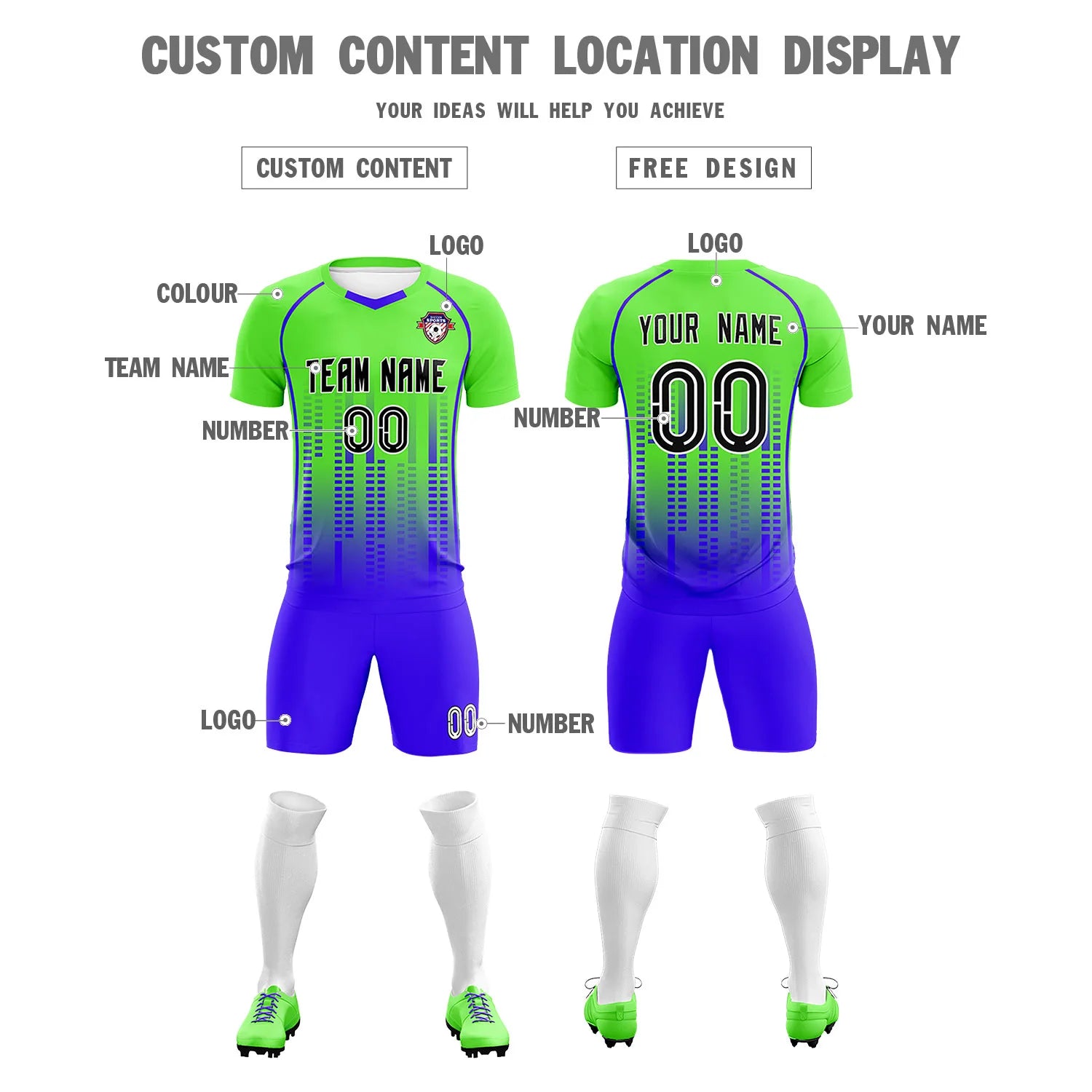 Custom Neon Green-Blue Printing Outdoor Tracksuit Soccer Sets Jersey