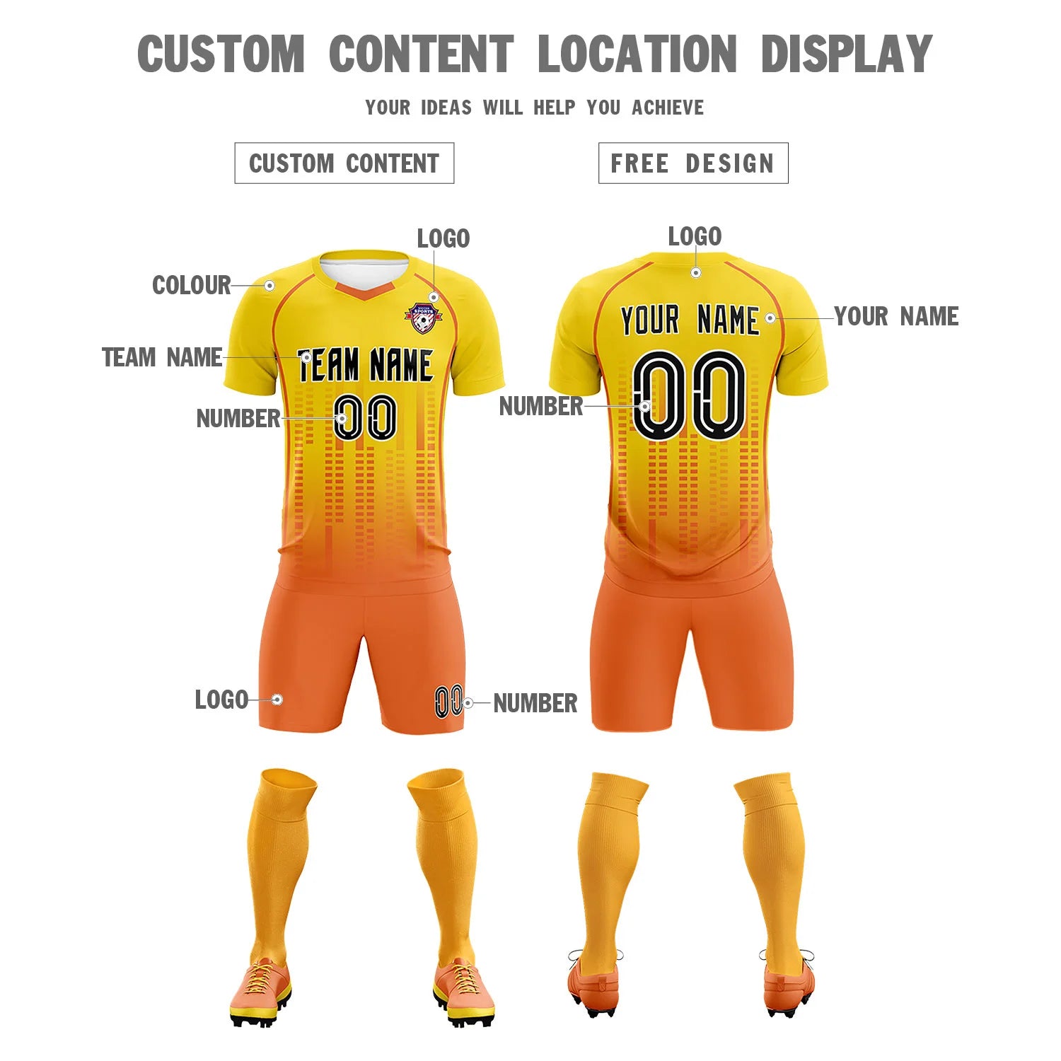 Custom Yellow Orange Printing Outdoor Tracksuit Soccer Sets Jersey