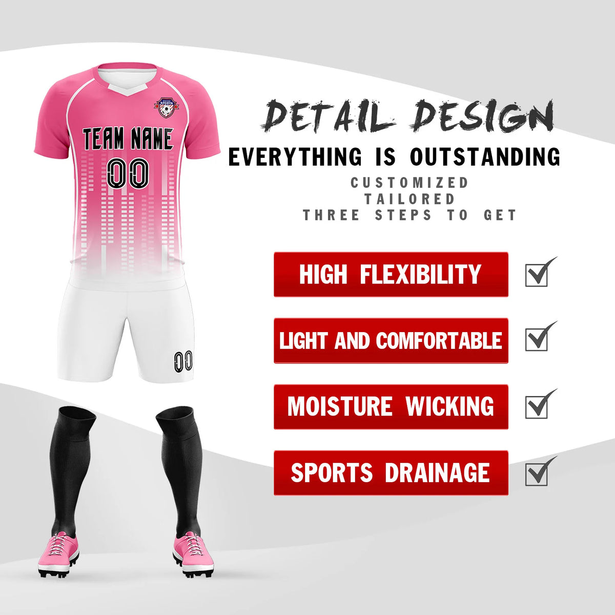 Custom Pink White Printing Outdoor Tracksuit Soccer Sets Jersey