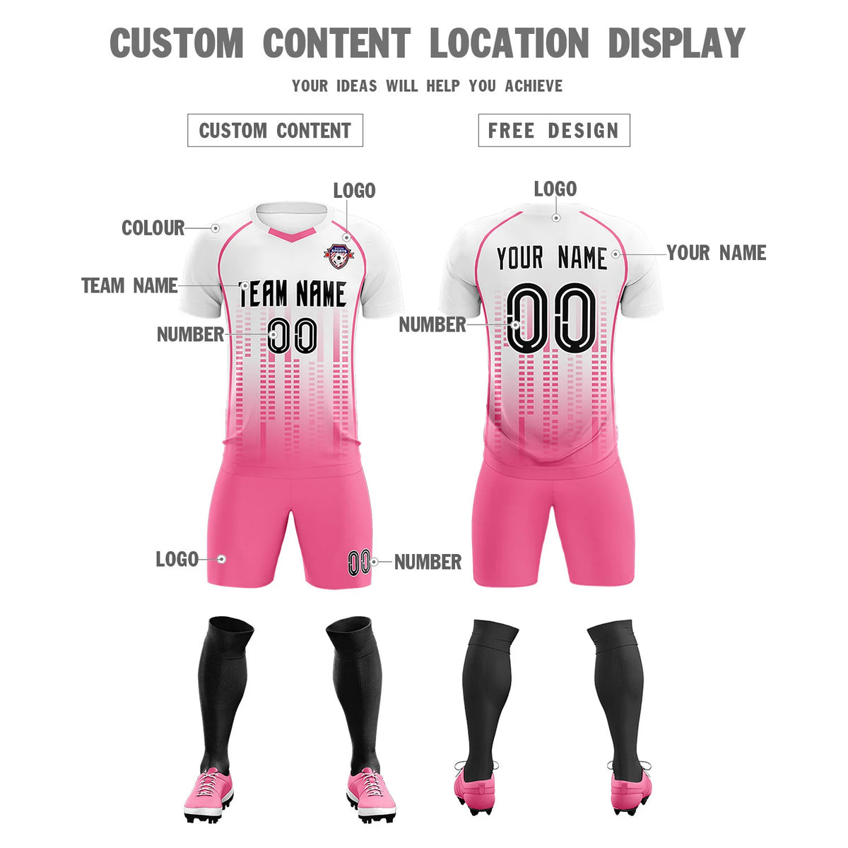 Custom White Pink Printing Outdoor Tracksuit Soccer Sets Jersey