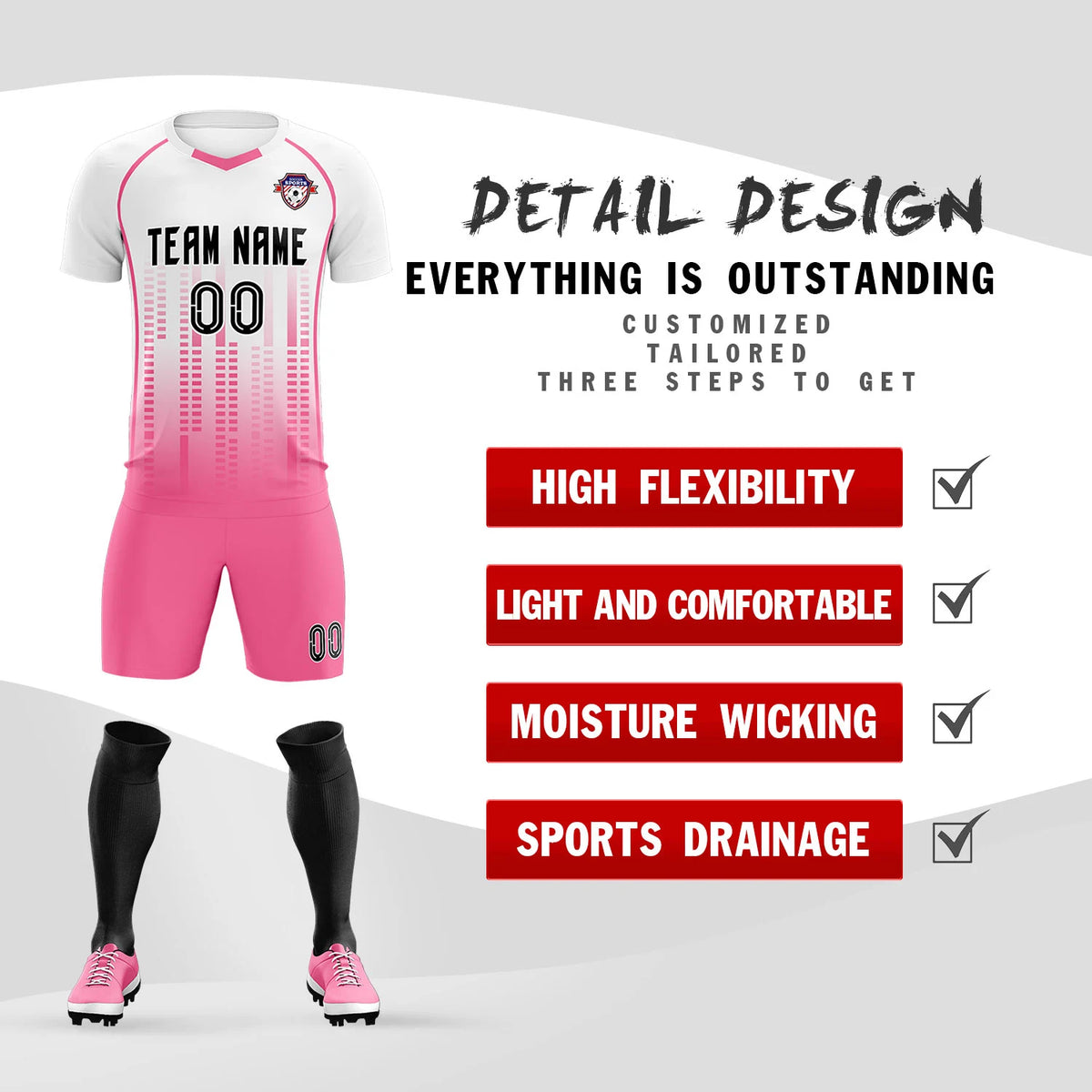 Custom White Pink Printing Outdoor Tracksuit Soccer Sets Jersey