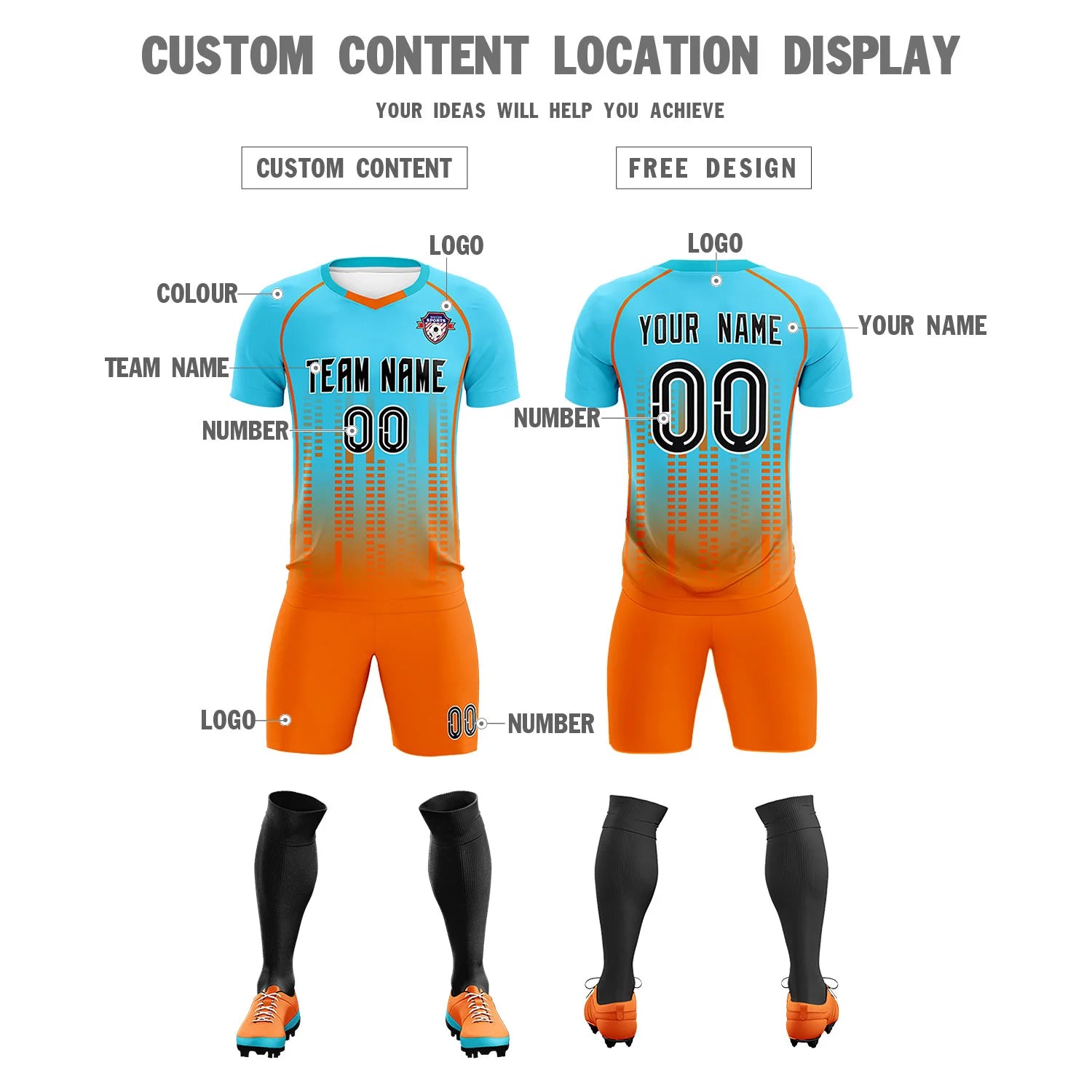 Custom Aqua Orange Printing Outdoor Tracksuit Soccer Sets Jersey