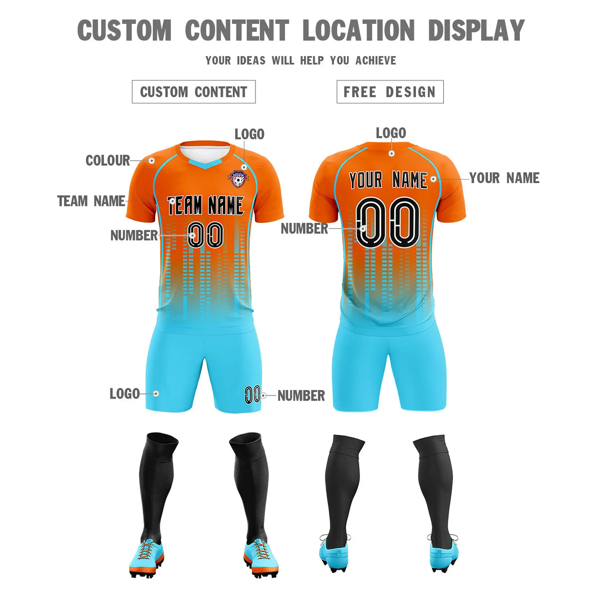 Custom Orange Aqua Printing Outdoor Tracksuit Soccer Sets Jersey