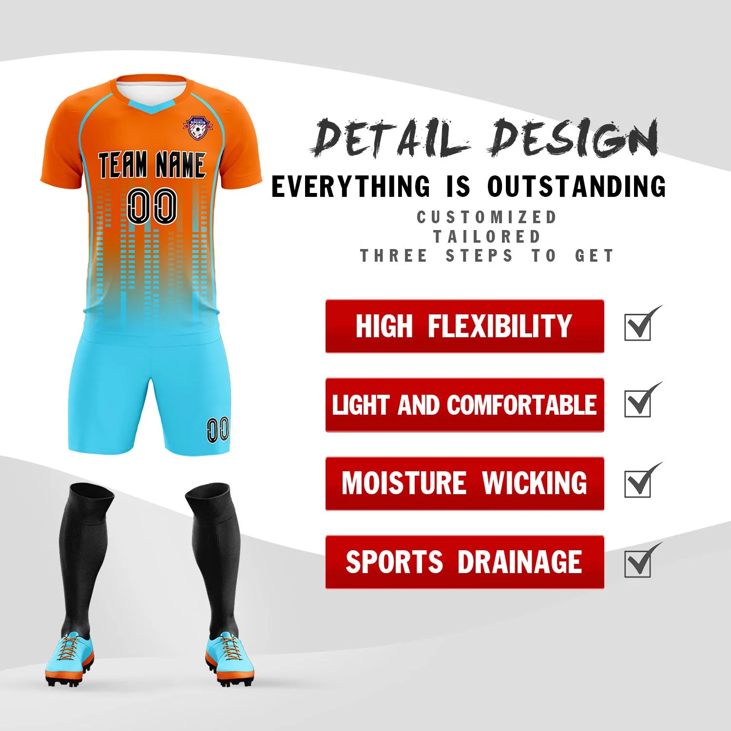 Custom Orange Aqua Printing Outdoor Tracksuit Soccer Sets Jersey