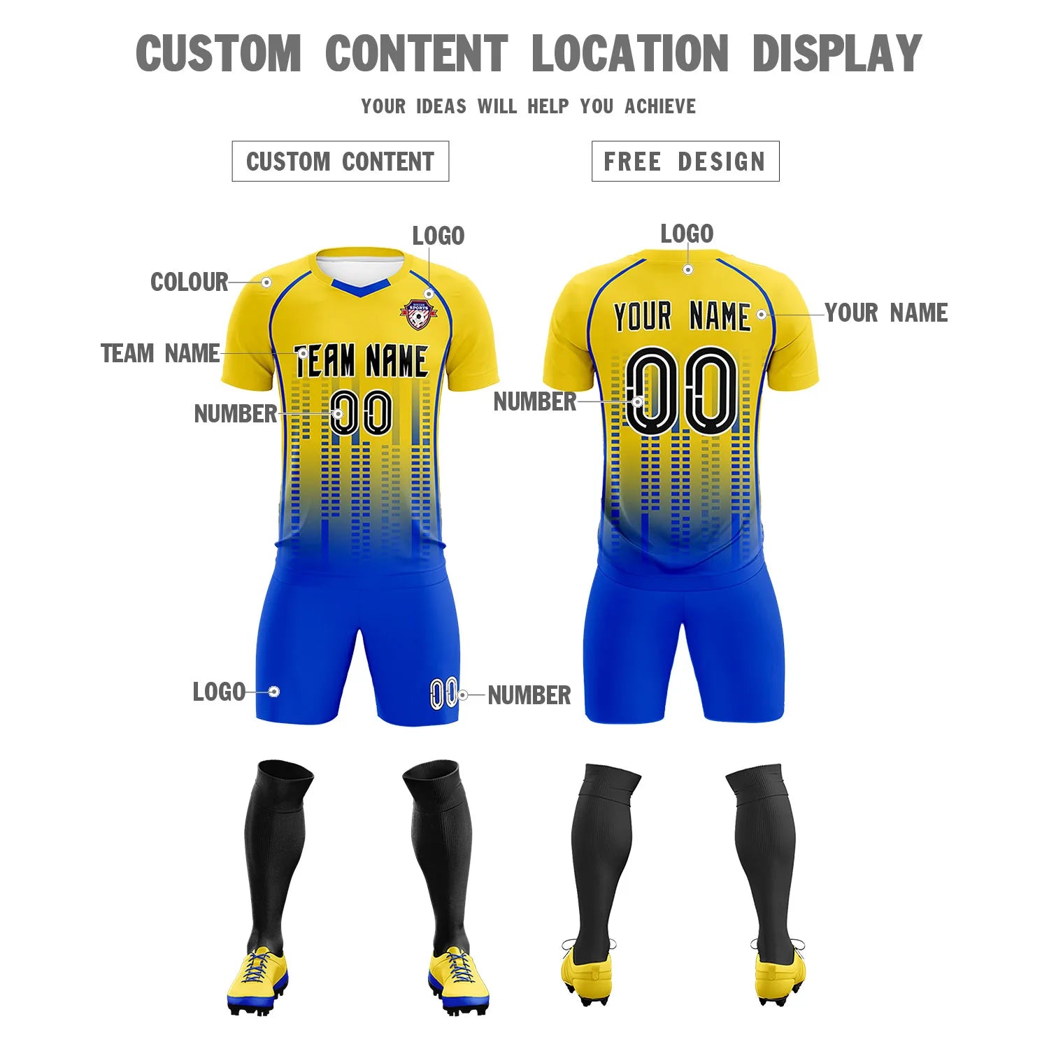 Custom Yellow Blue Printing Outdoor Tracksuit Soccer Sets Jersey