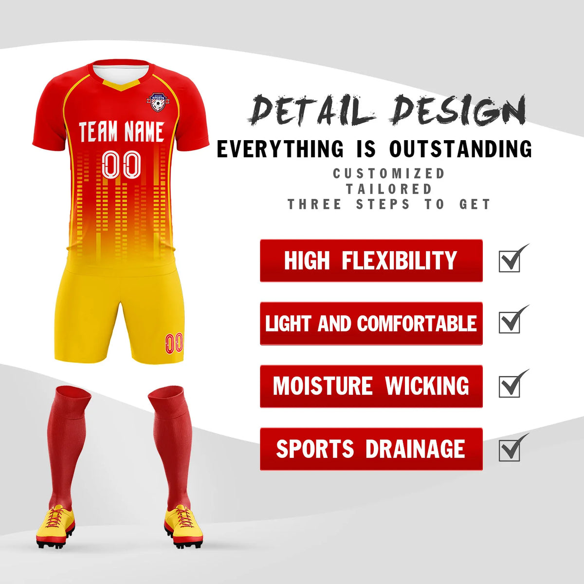 Custom Red Yellow Printing Outdoor Tracksuit Soccer Sets Jersey