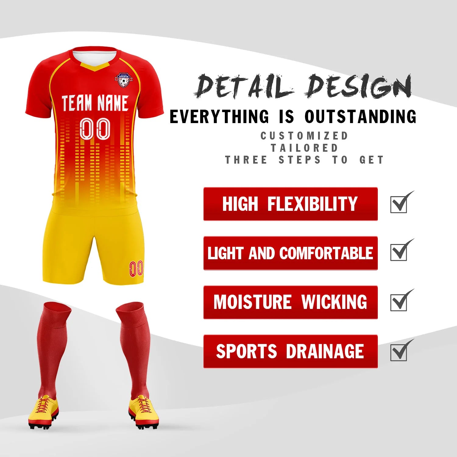 Custom Red Yellow Printing Outdoor Tracksuit Soccer Sets Jersey