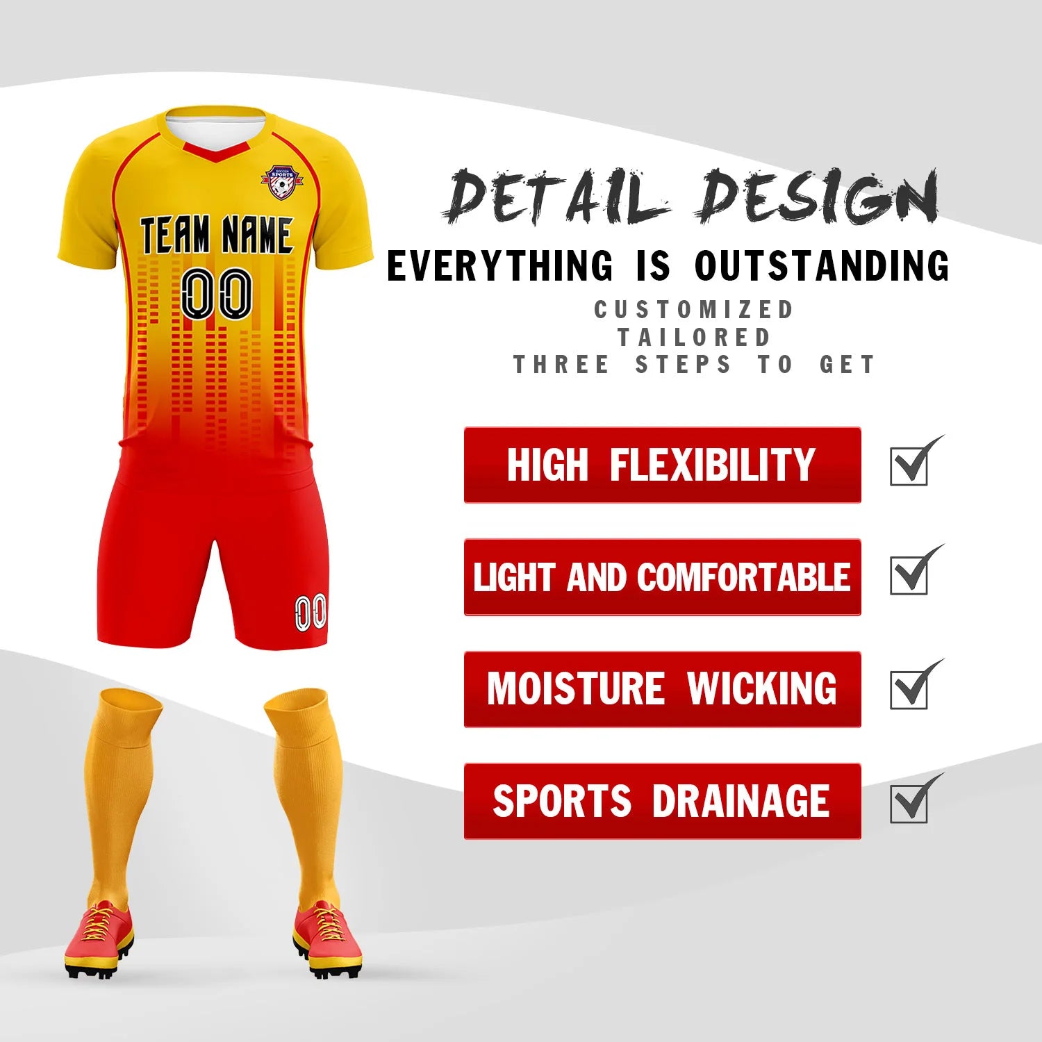 Custom Yellow Red Printing Outdoor Tracksuit Soccer Sets Jersey