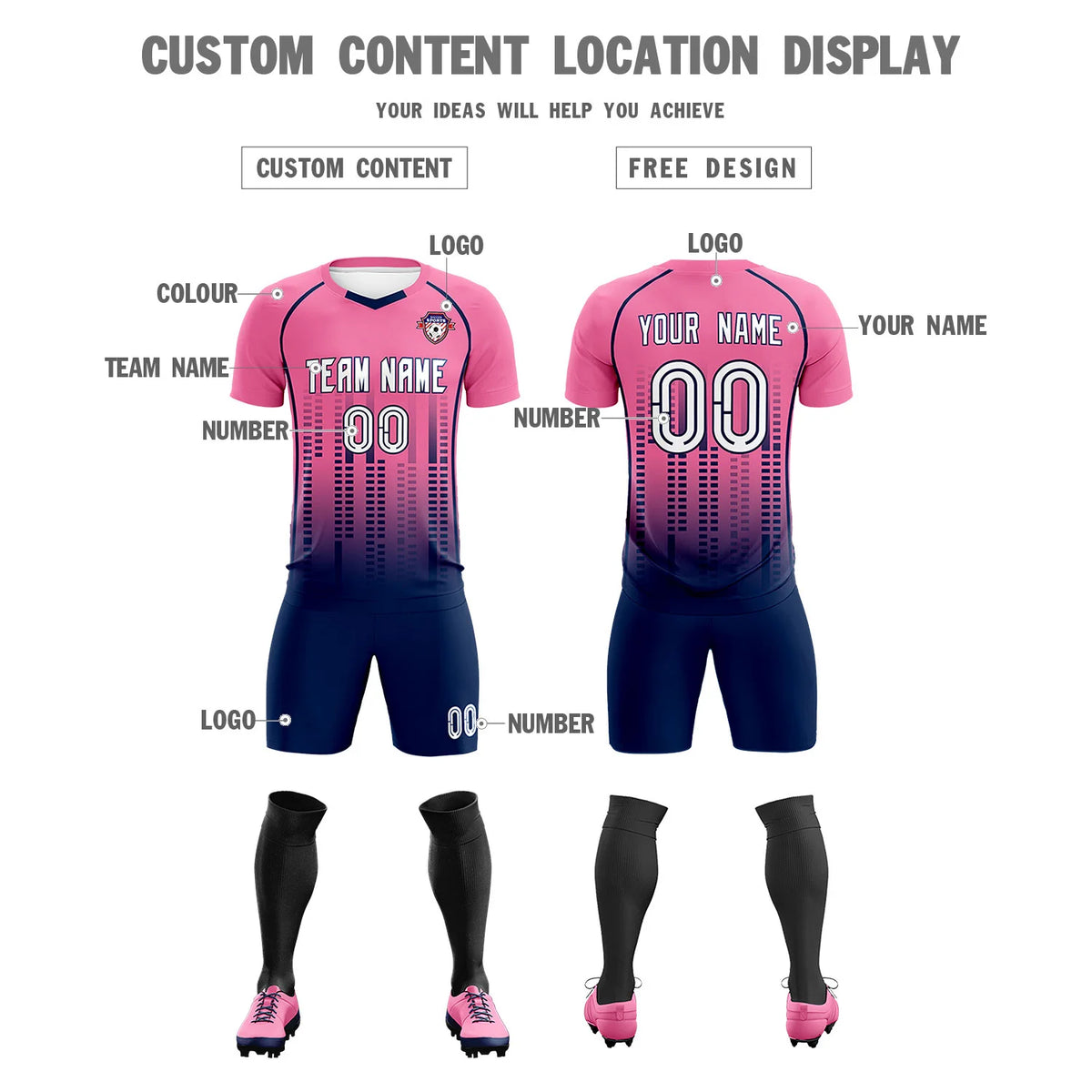 Custom Pink Navy Printing Outdoor Tracksuit Soccer Sets Jersey