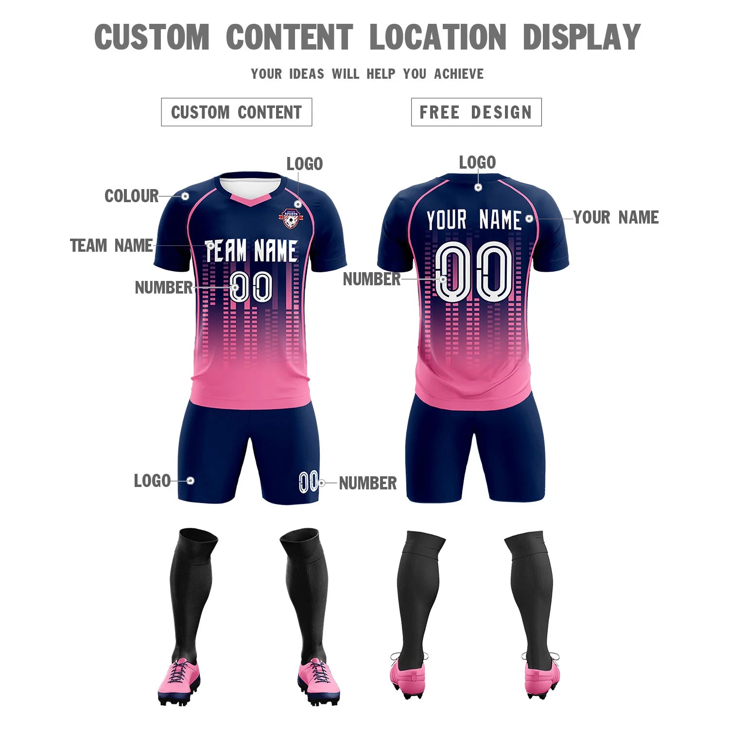 Custom Navy Pink Printing Outdoor Tracksuit Soccer Sets Jersey