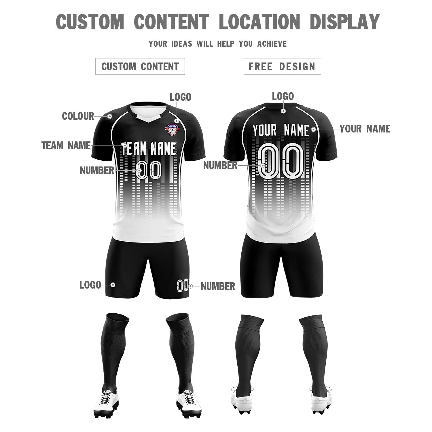 Custom Black White Printing Outdoor Tracksuit Soccer Sets Jersey