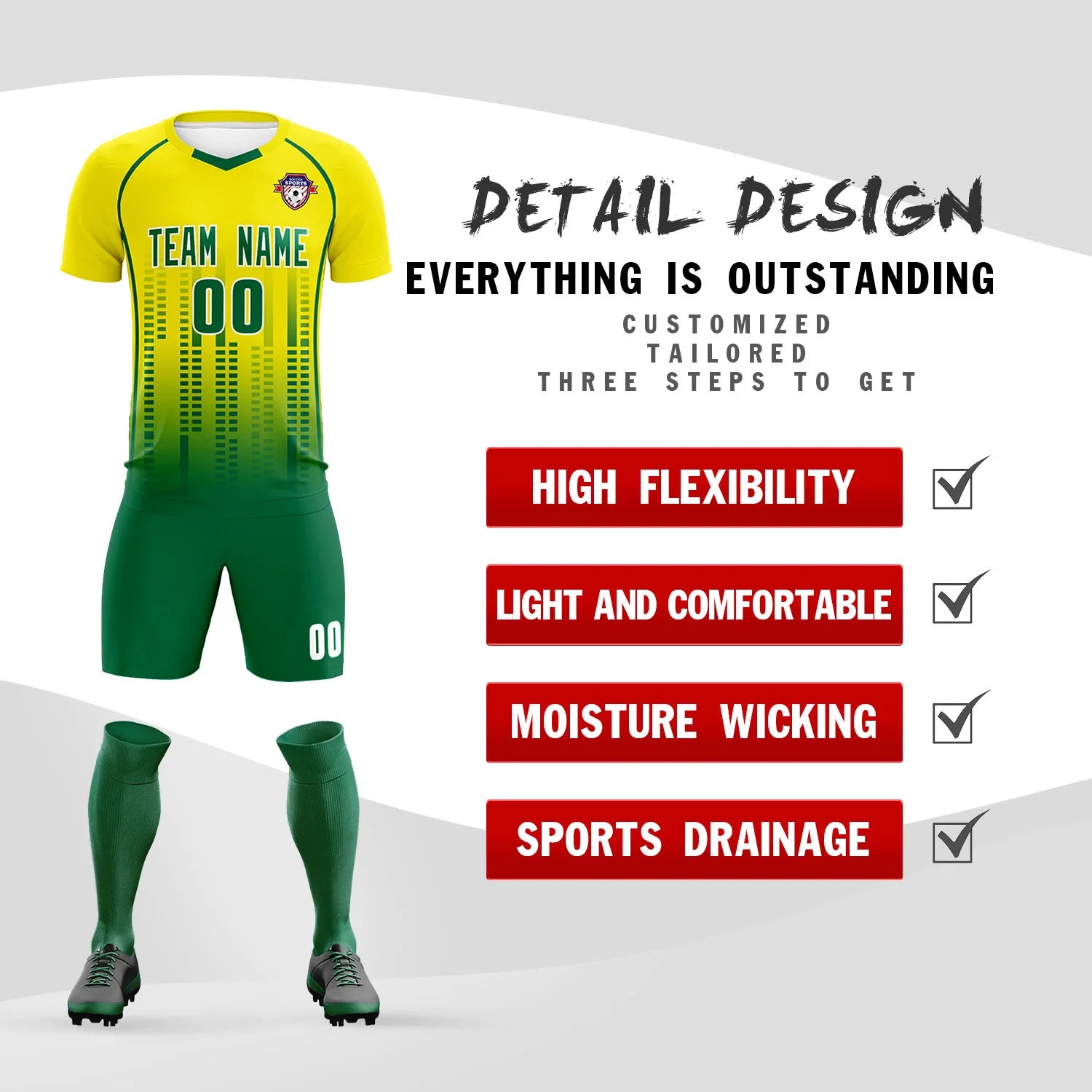 Custom Yellow Green Printing Outdoor Tracksuit Soccer Sets Jersey