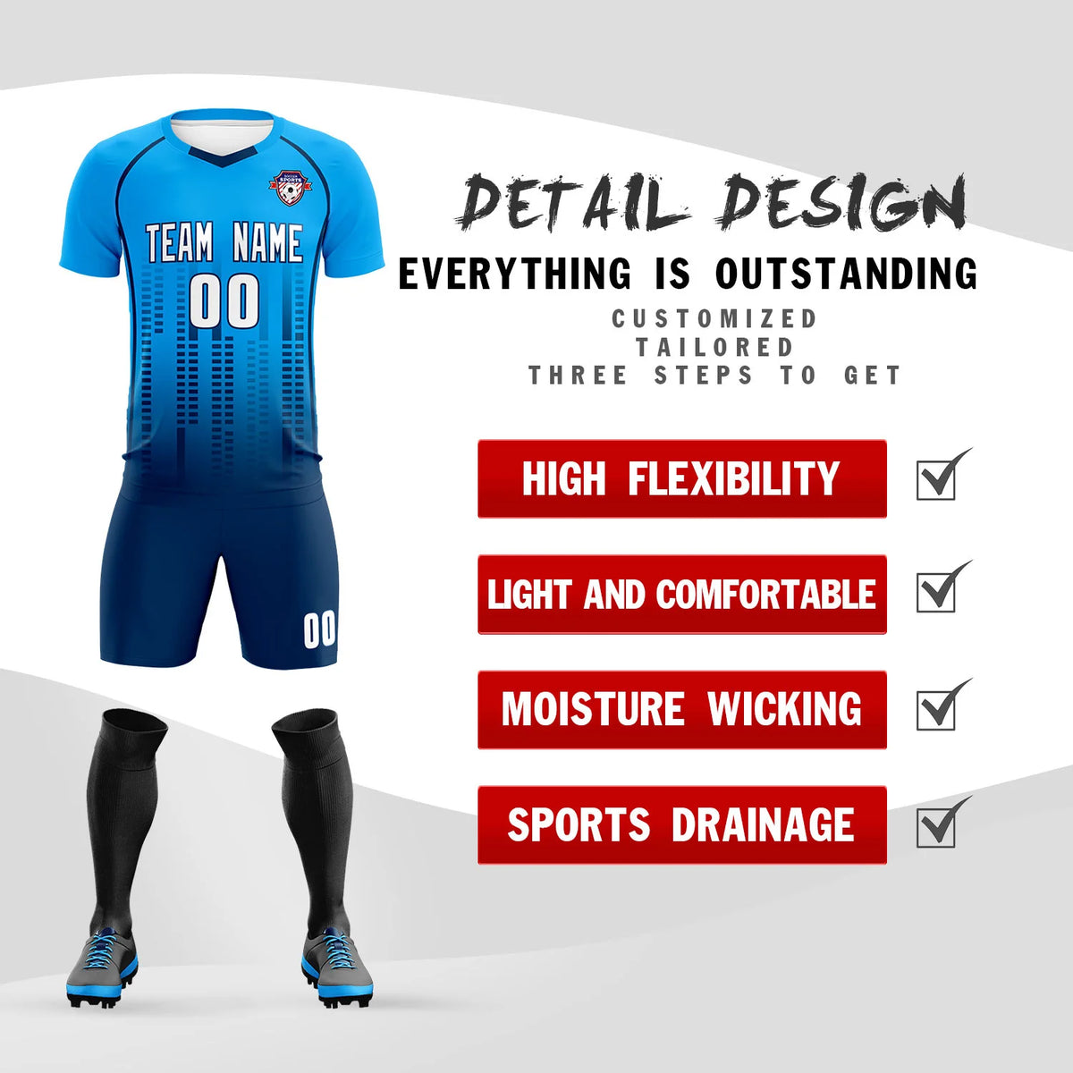 Custom Powder Blue-Navy Printing Outdoor Tracksuit Soccer Sets Jersey