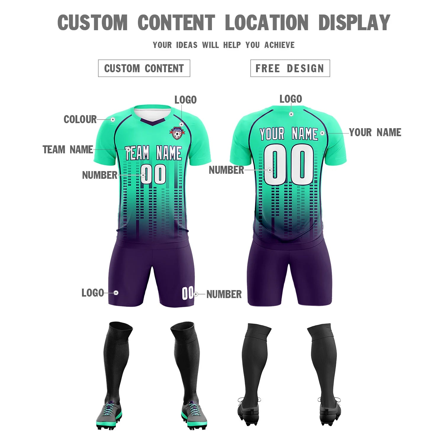 Custom Bright Green-Purple Printing Outdoor Tracksuit Soccer Sets Jersey