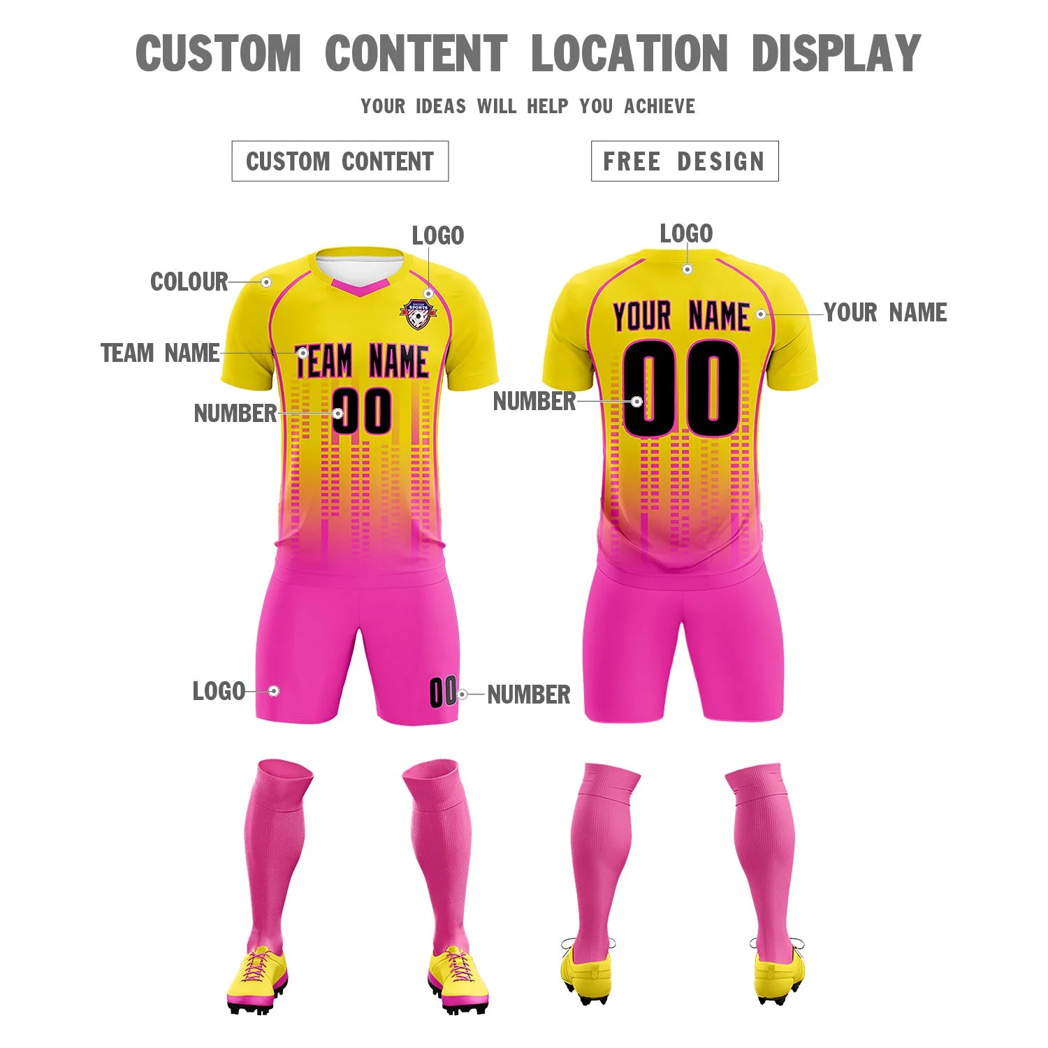 Custom Yellow Pink Printing Outdoor Tracksuit Soccer Sets Jersey