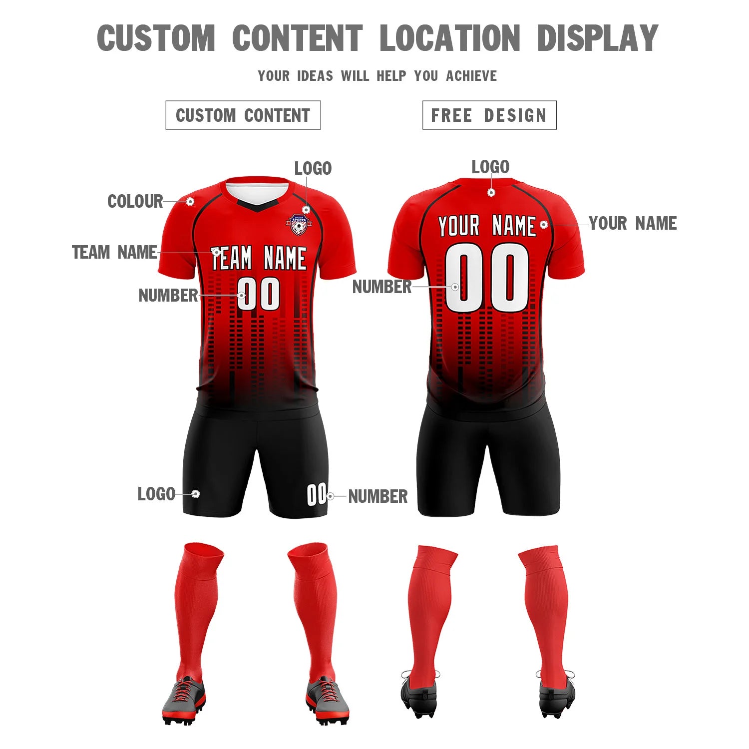 Custom Red Black Printing Outdoor Tracksuit Soccer Sets Jersey