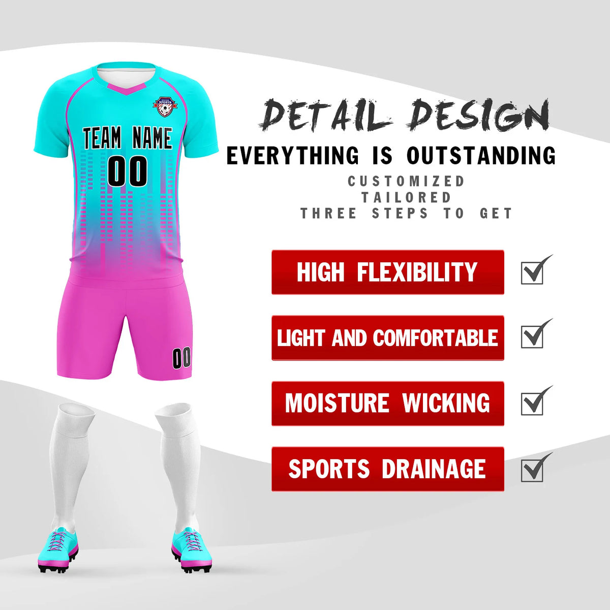 Custom Sky Blue-Pink Printing Outdoor Tracksuit Soccer Sets Jersey