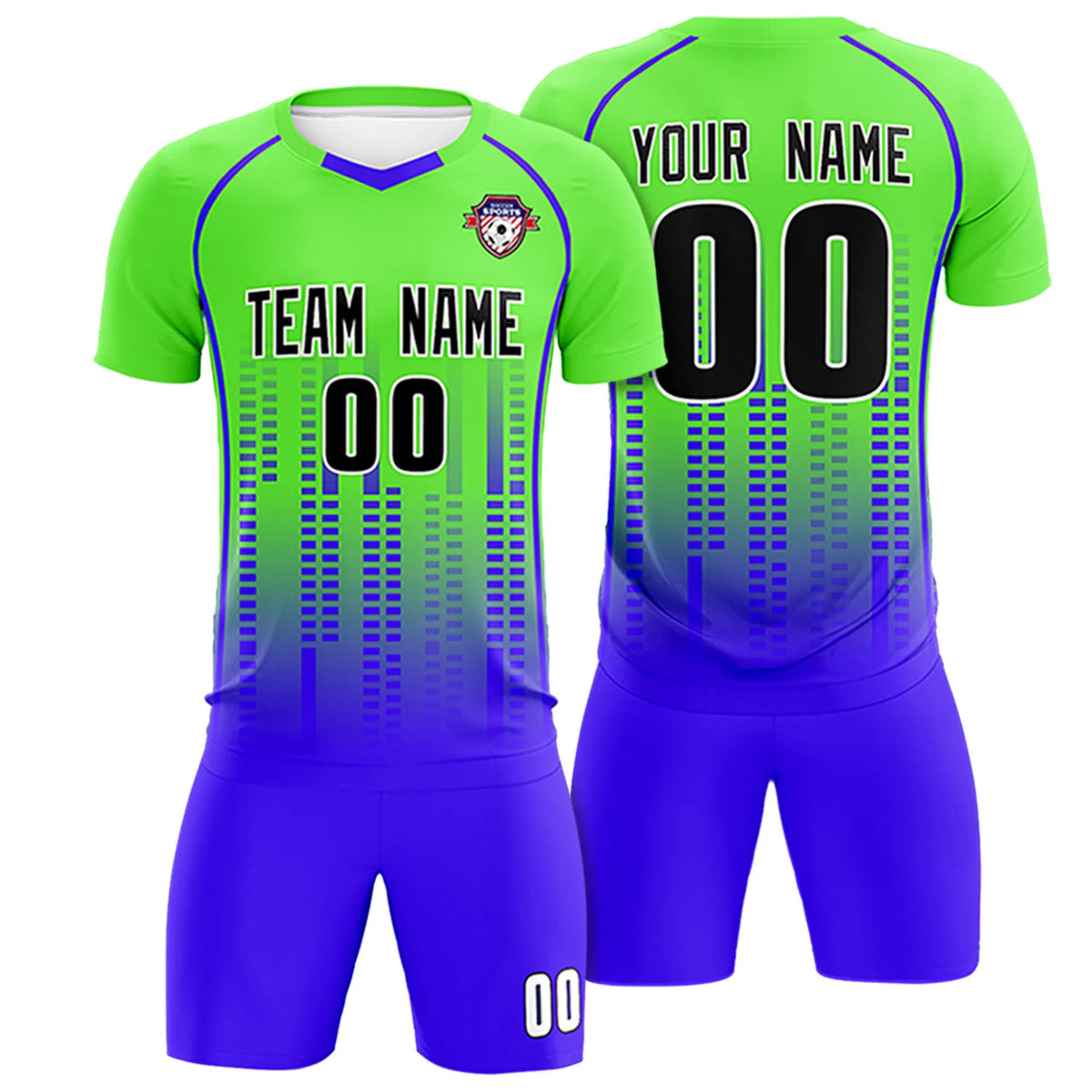 Custom Neon Green-Blue Printing Outdoor Tracksuit Soccer Sets Jersey