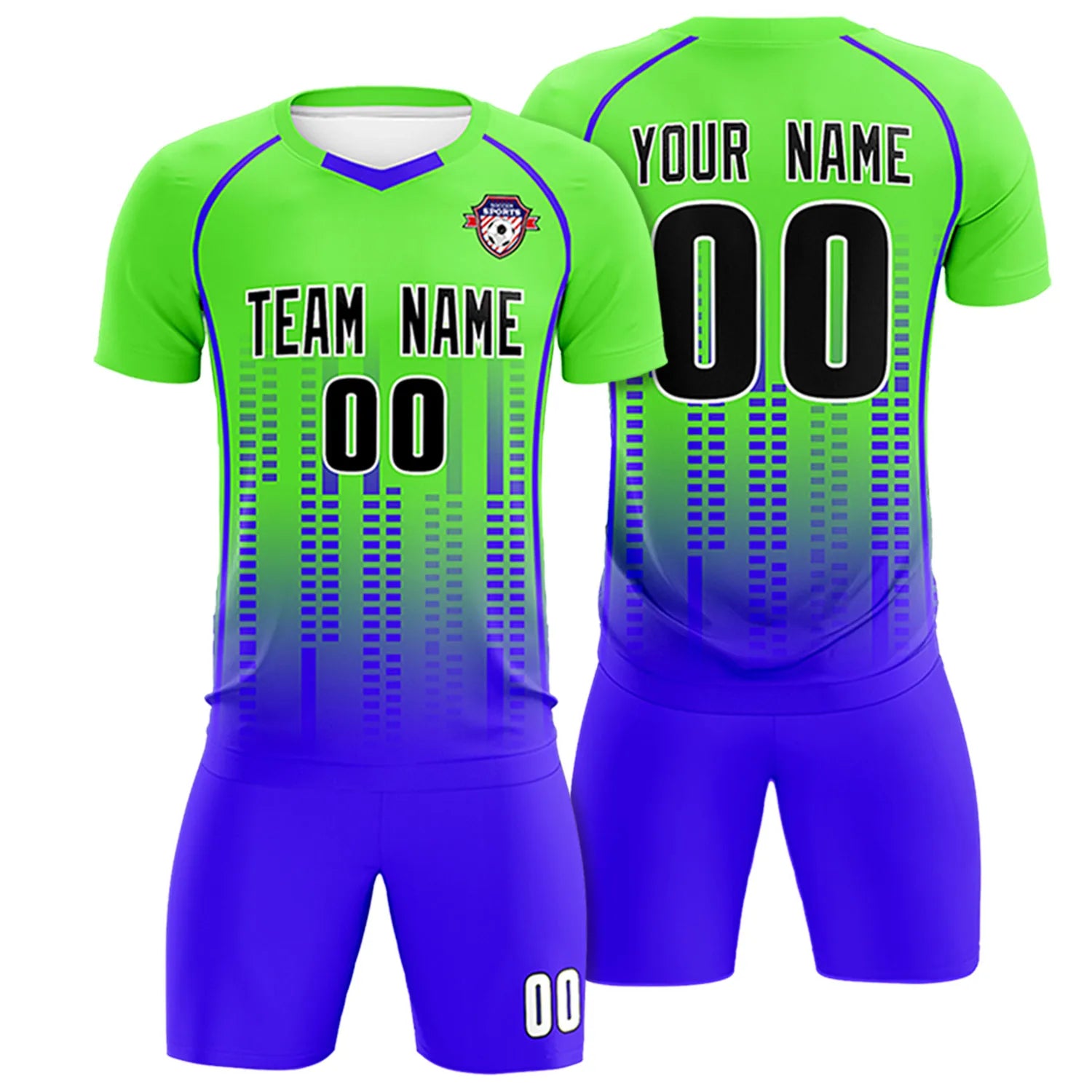 Custom Neon Green-Blue Printing Outdoor Tracksuit Soccer Sets Jersey