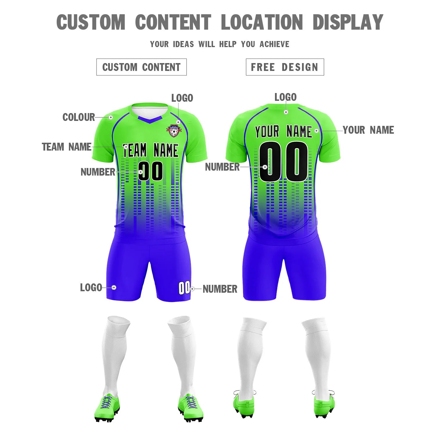 Custom Neon Green-Blue Printing Outdoor Tracksuit Soccer Sets Jersey