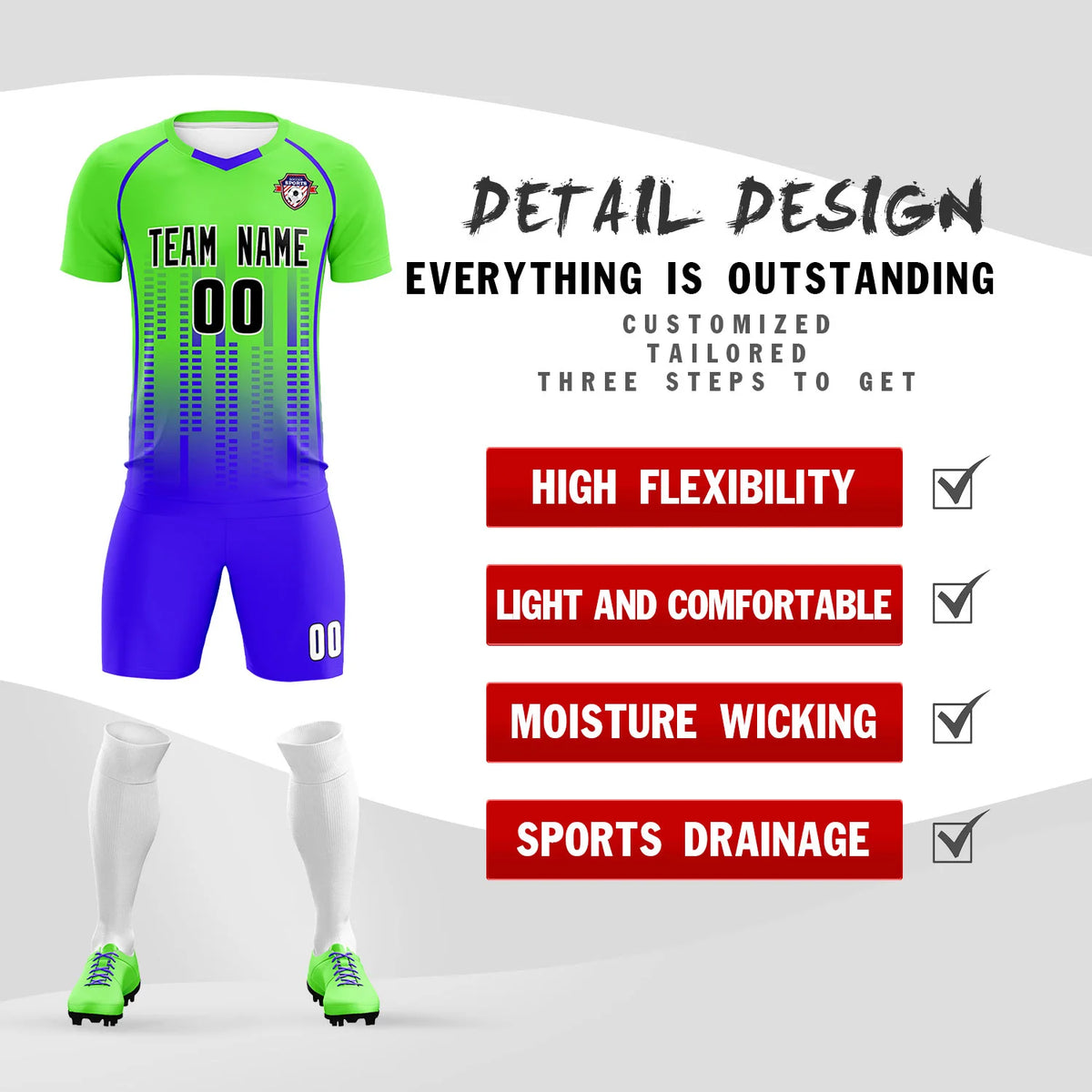 Custom Neon Green-Blue Printing Outdoor Tracksuit Soccer Sets Jersey