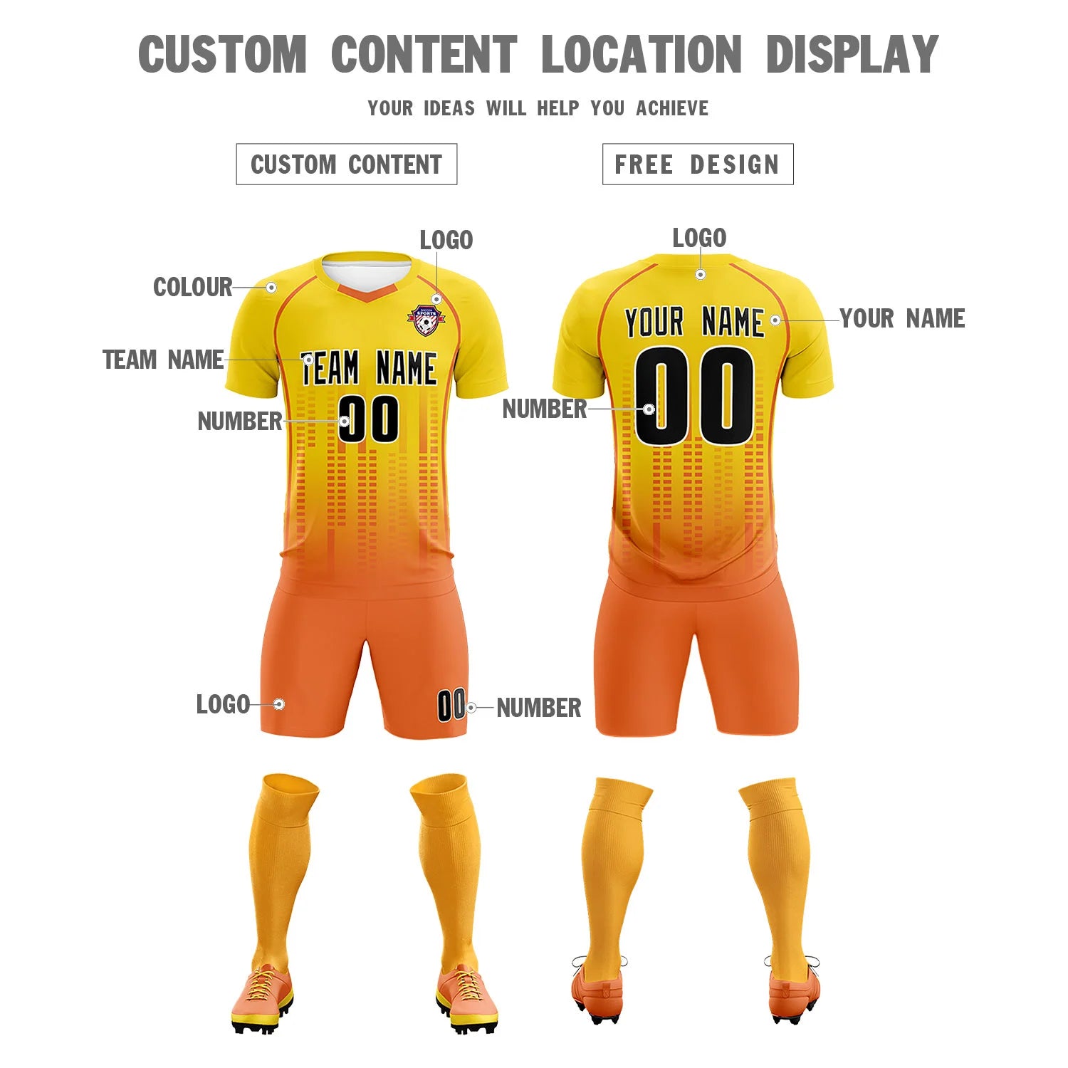 Custom Yellow Orange Printing Outdoor Tracksuit Soccer Sets Jersey