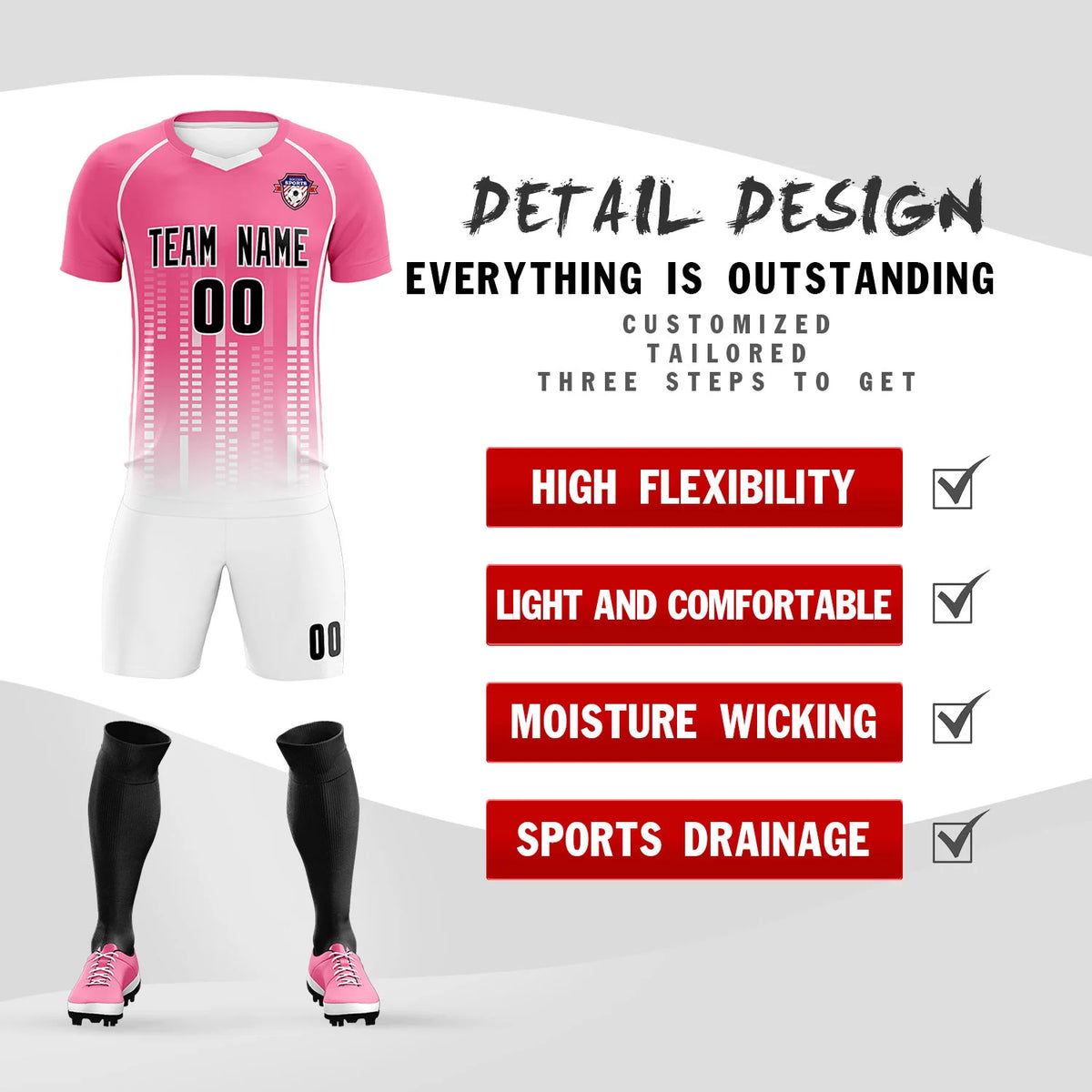 Custom Pink White Printing Outdoor Tracksuit Soccer Sets Jersey