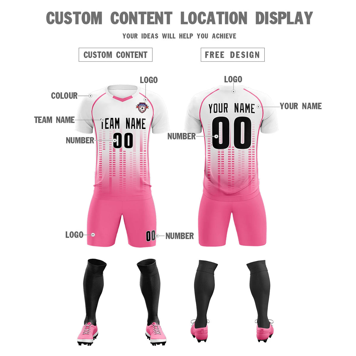 Custom White Pink Printing Outdoor Tracksuit Soccer Sets Jersey