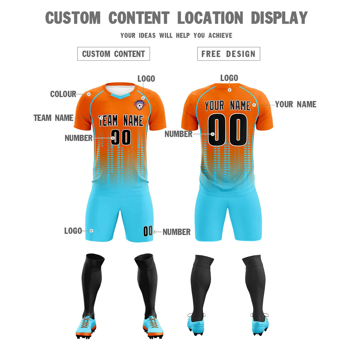 Custom Orange Aqua Printing Outdoor Tracksuit Soccer Sets Jersey