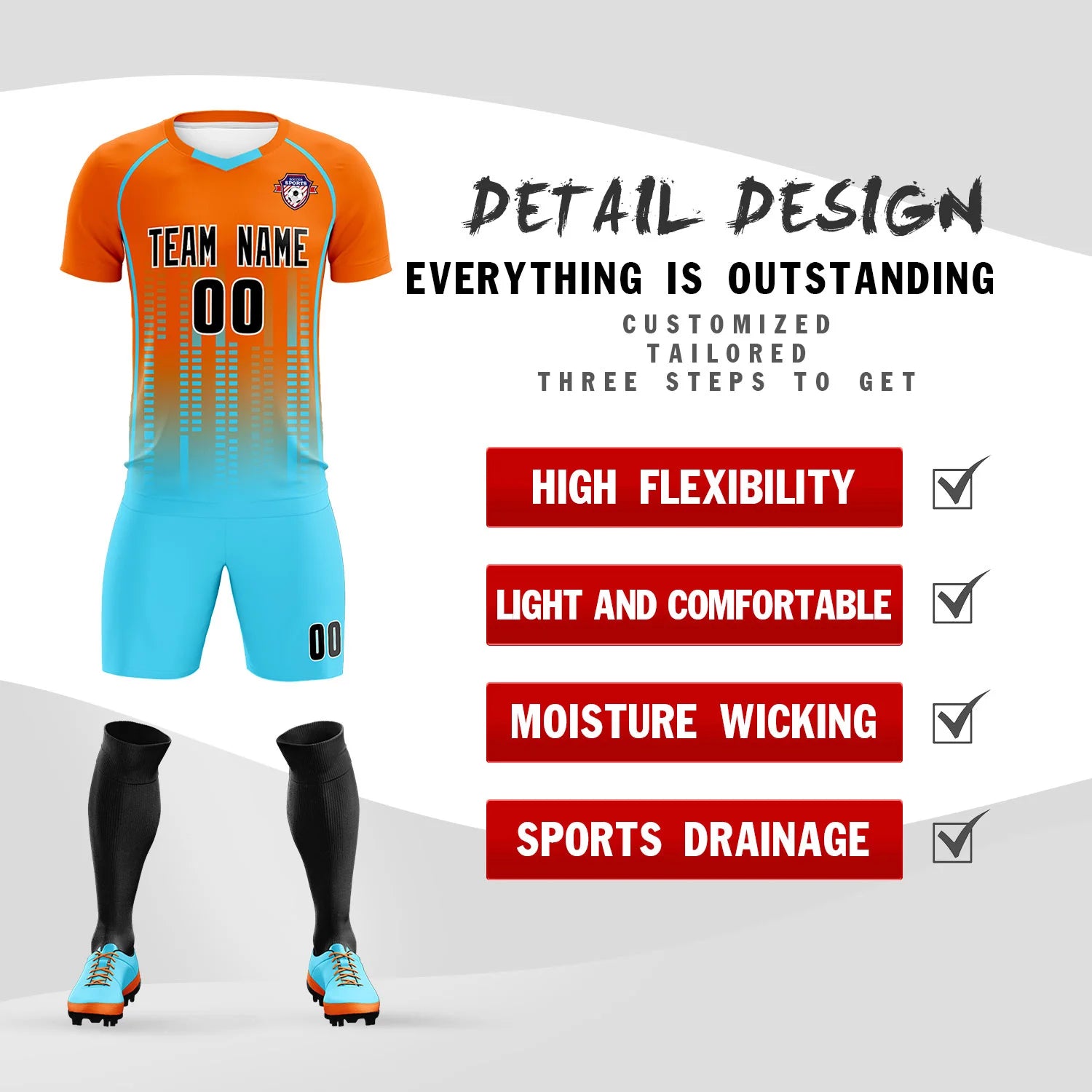 Custom Orange Aqua Printing Outdoor Tracksuit Soccer Sets Jersey