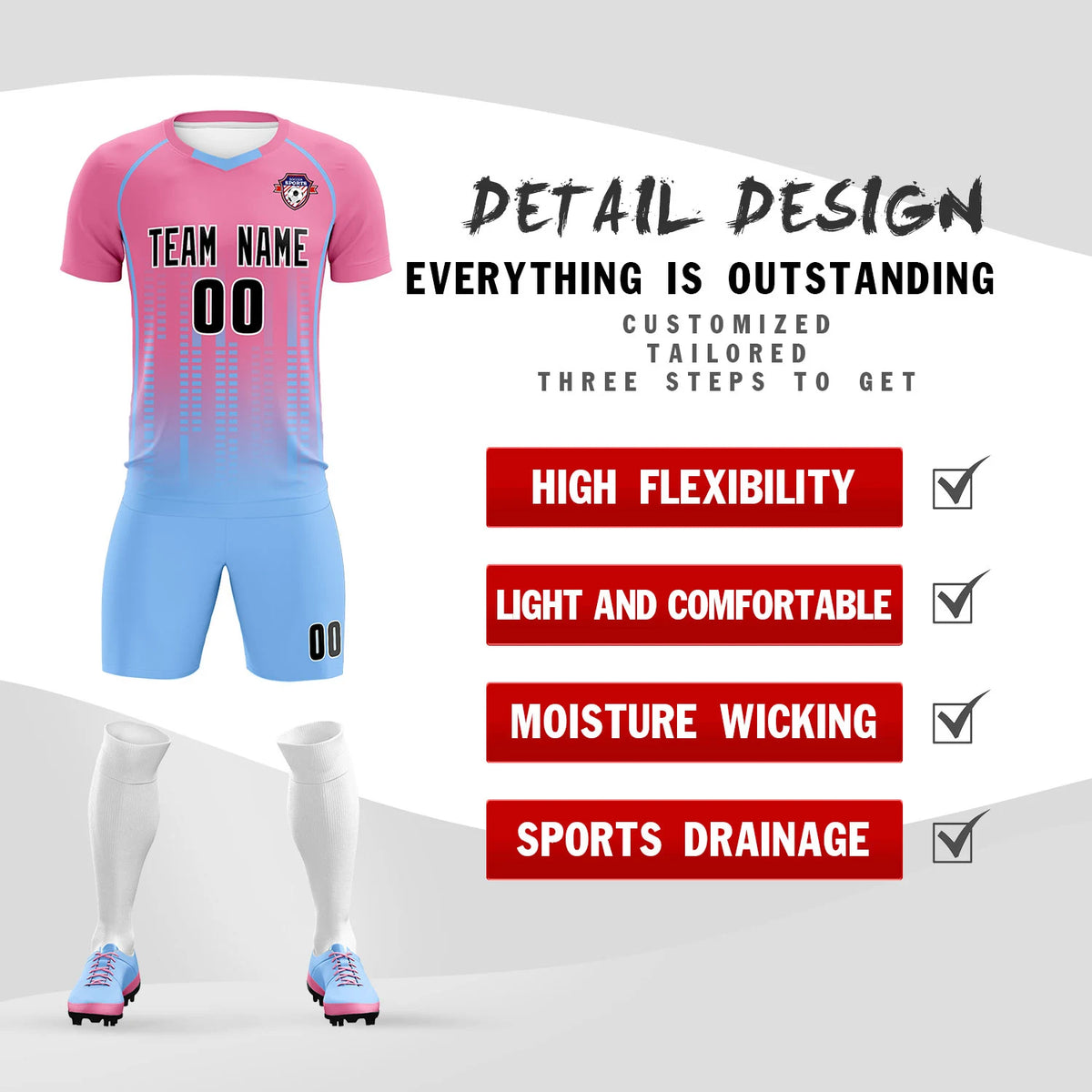 Custom Pink-Light Blue Printing Outdoor Tracksuit Soccer Sets Jersey