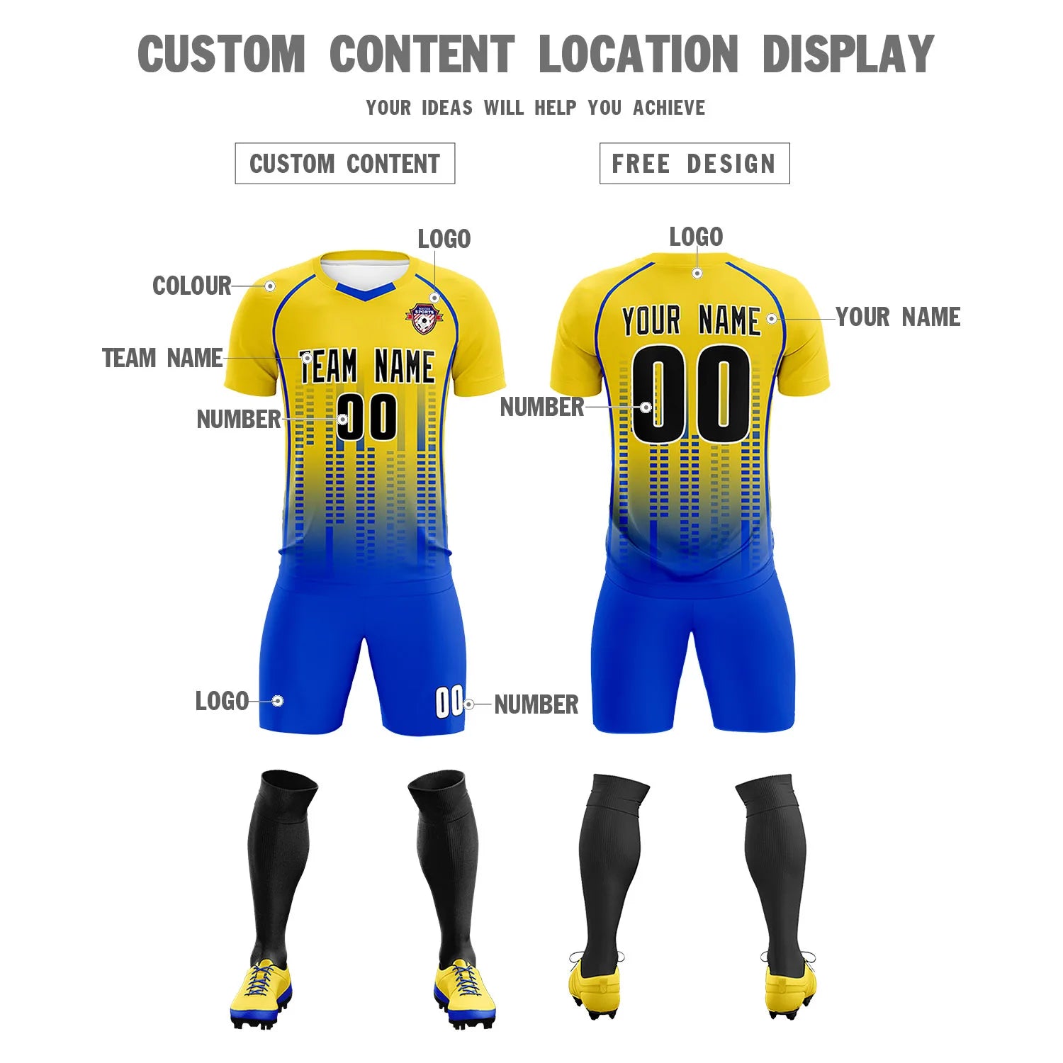 Custom Yellow Blue Printing Outdoor Tracksuit Soccer Sets Jersey