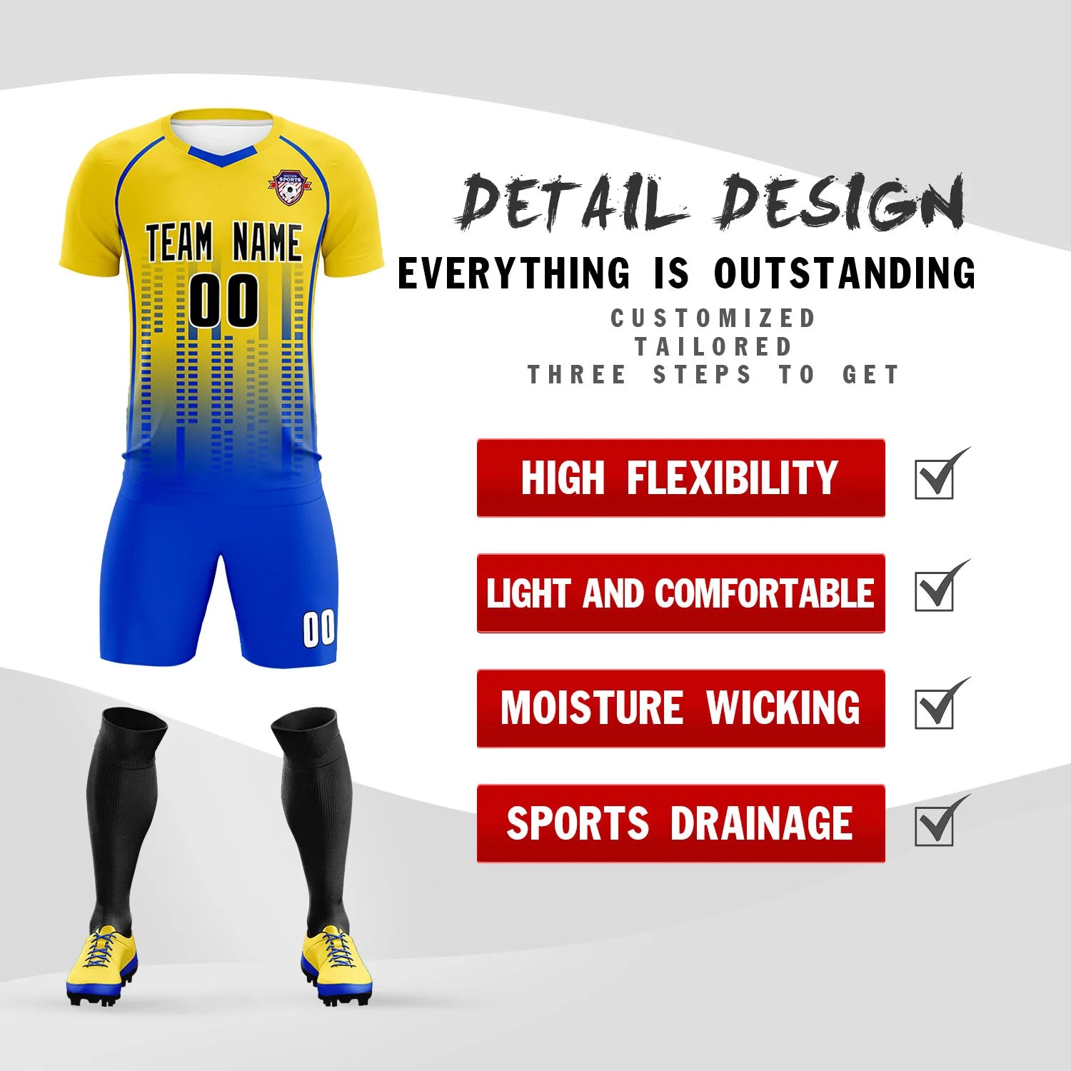 Custom Yellow Blue Printing Outdoor Tracksuit Soccer Sets Jersey