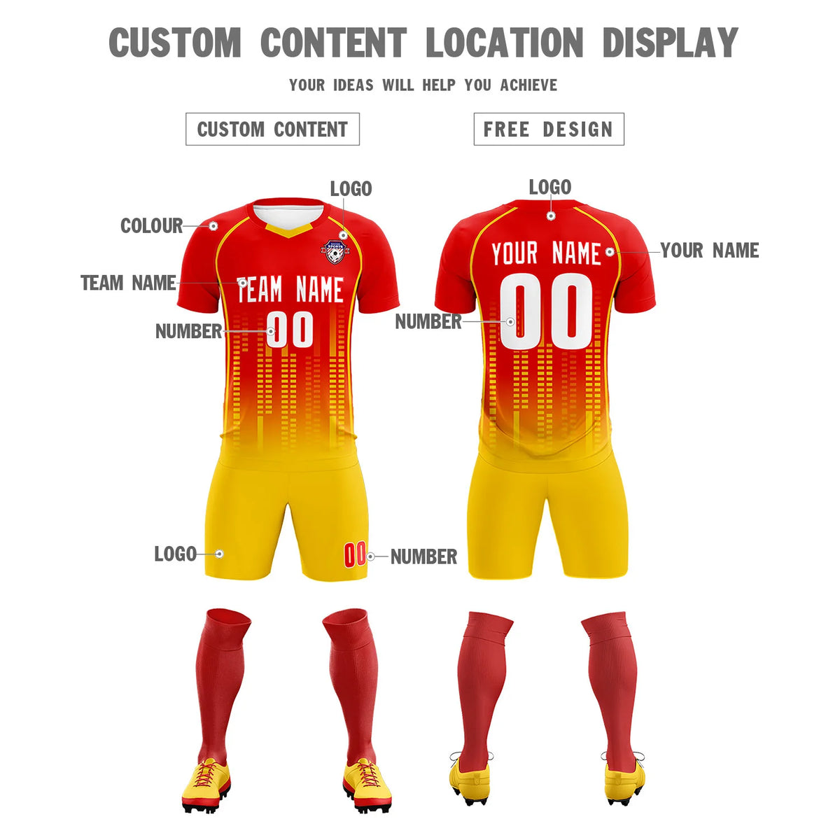 Custom Red Yellow Printing Outdoor Tracksuit Soccer Sets Jersey