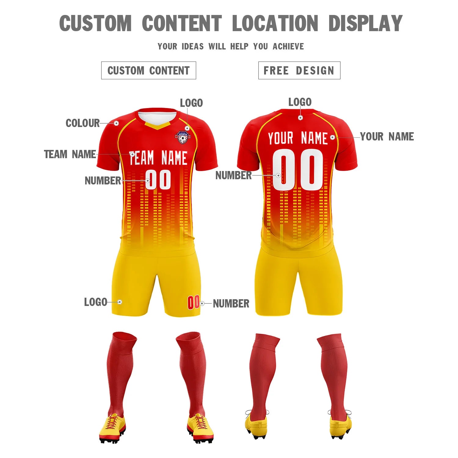 Custom Red Yellow Printing Outdoor Tracksuit Soccer Sets Jersey