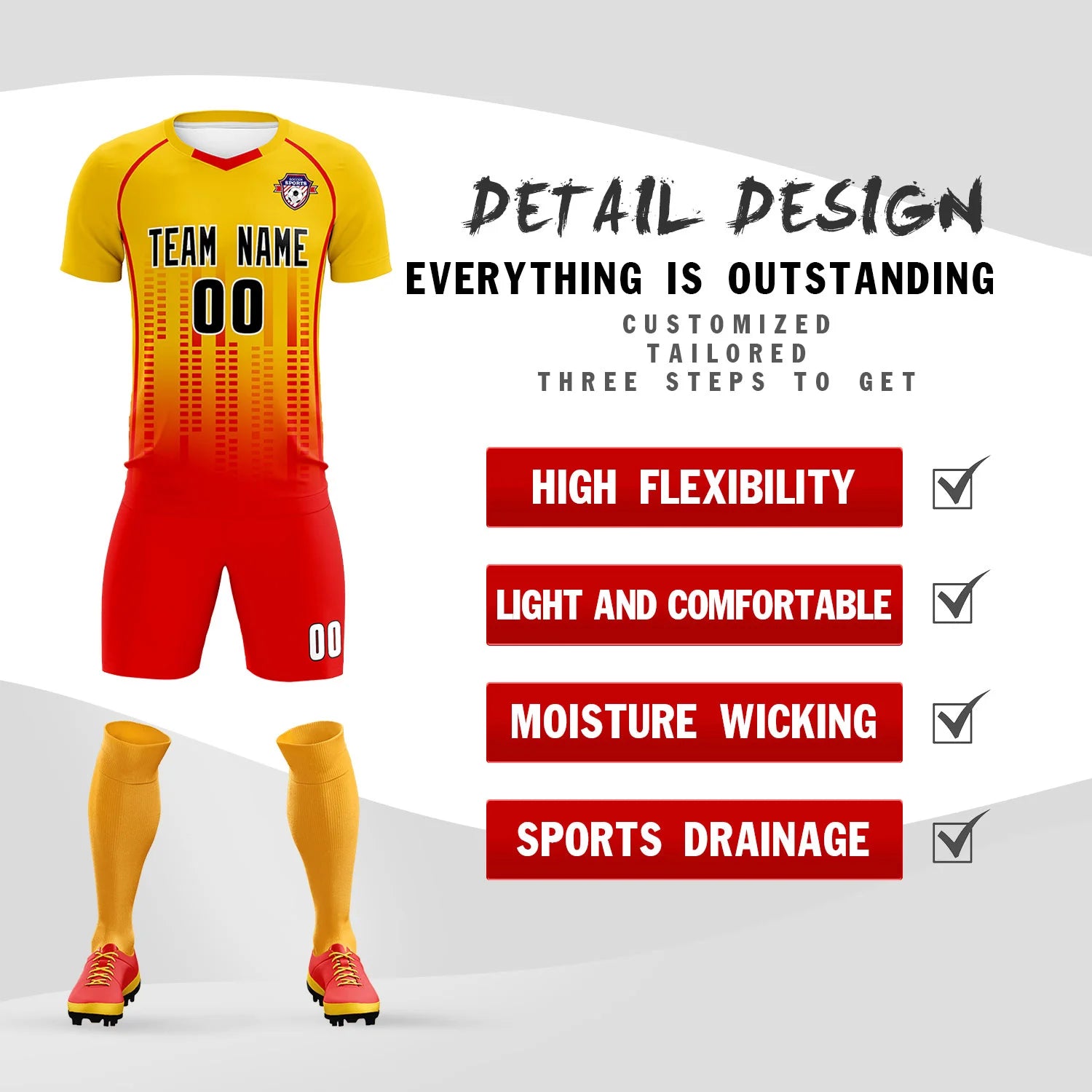 Custom Yellow Red Printing Outdoor Tracksuit Soccer Sets Jersey