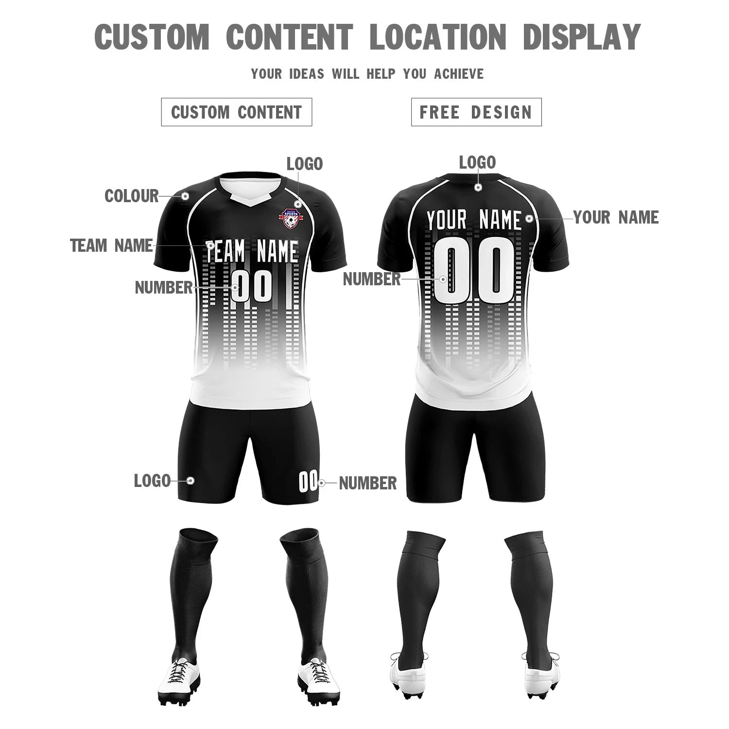 Custom Black White Printing Outdoor Tracksuit Soccer Sets Jersey