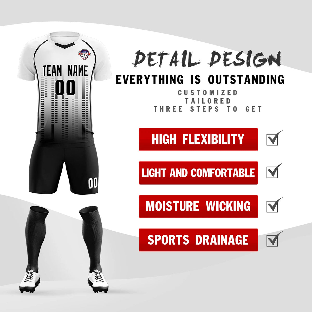 Custom White Black Printing Outdoor Tracksuit Soccer Sets Jersey