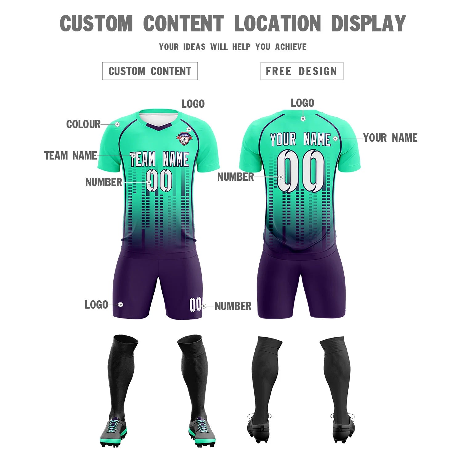 Custom Bright Green-Purple Printing Outdoor Tracksuit Soccer Sets Jersey