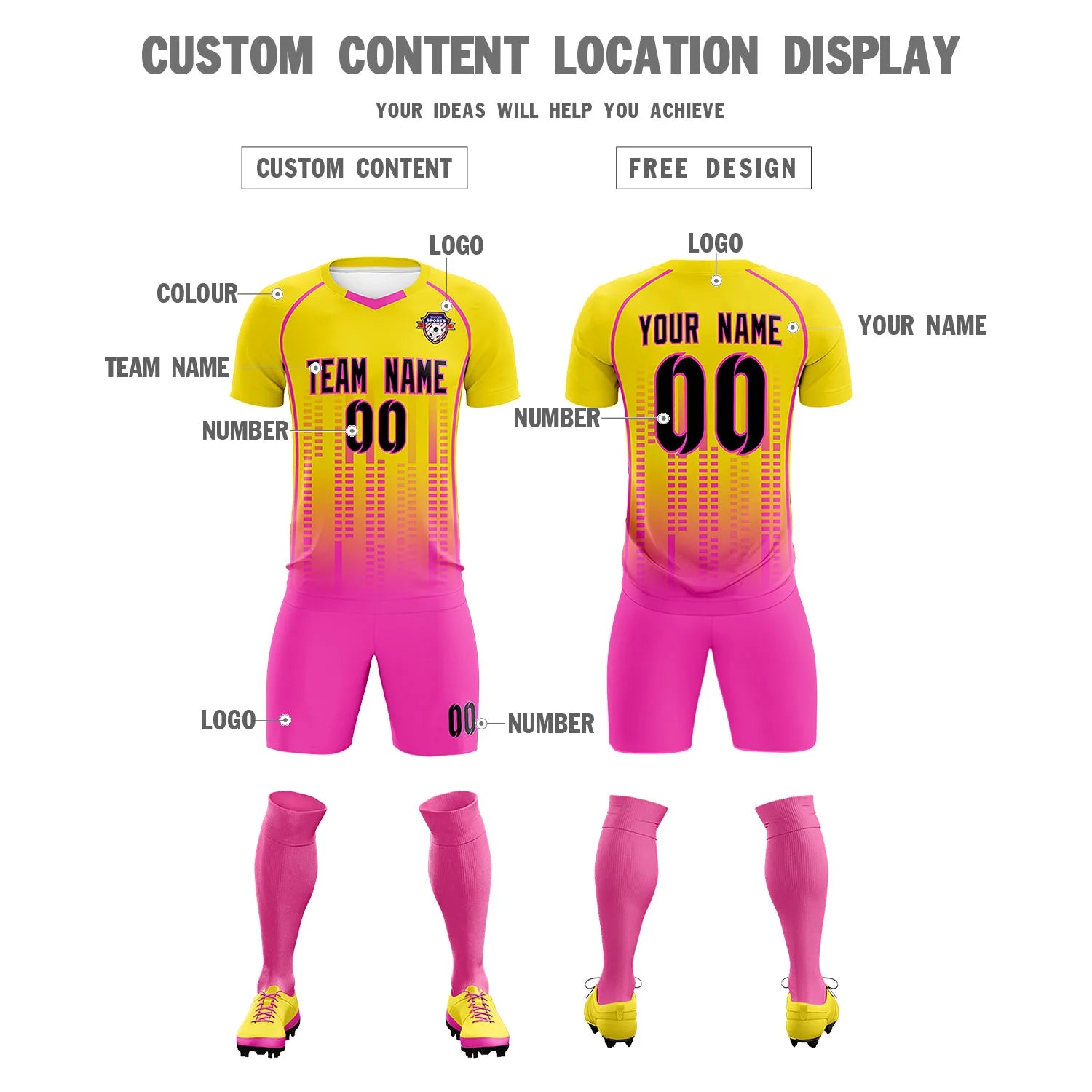 Custom Yellow Pink Printing Outdoor Tracksuit Soccer Sets Jersey