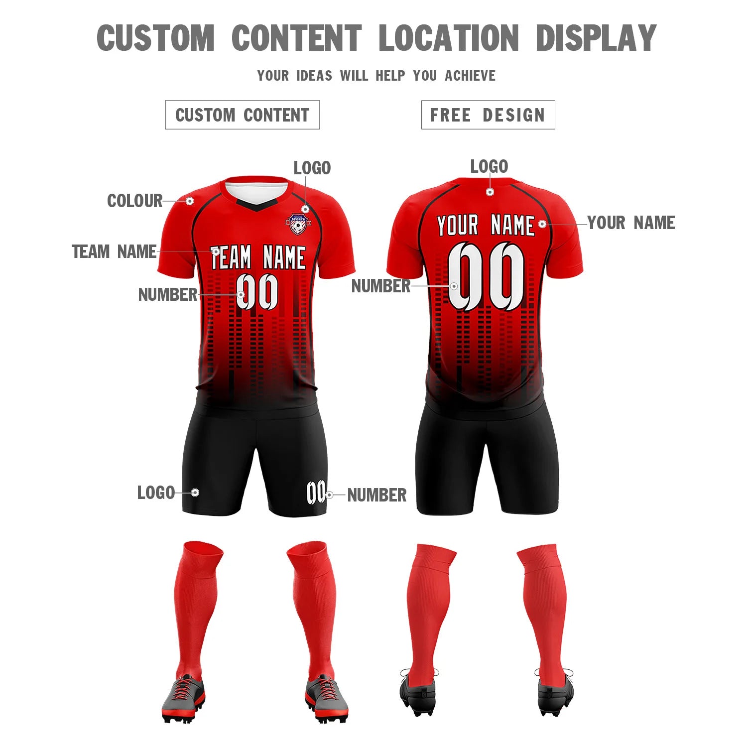 Custom Red Black Printing Outdoor Tracksuit Soccer Sets Jersey