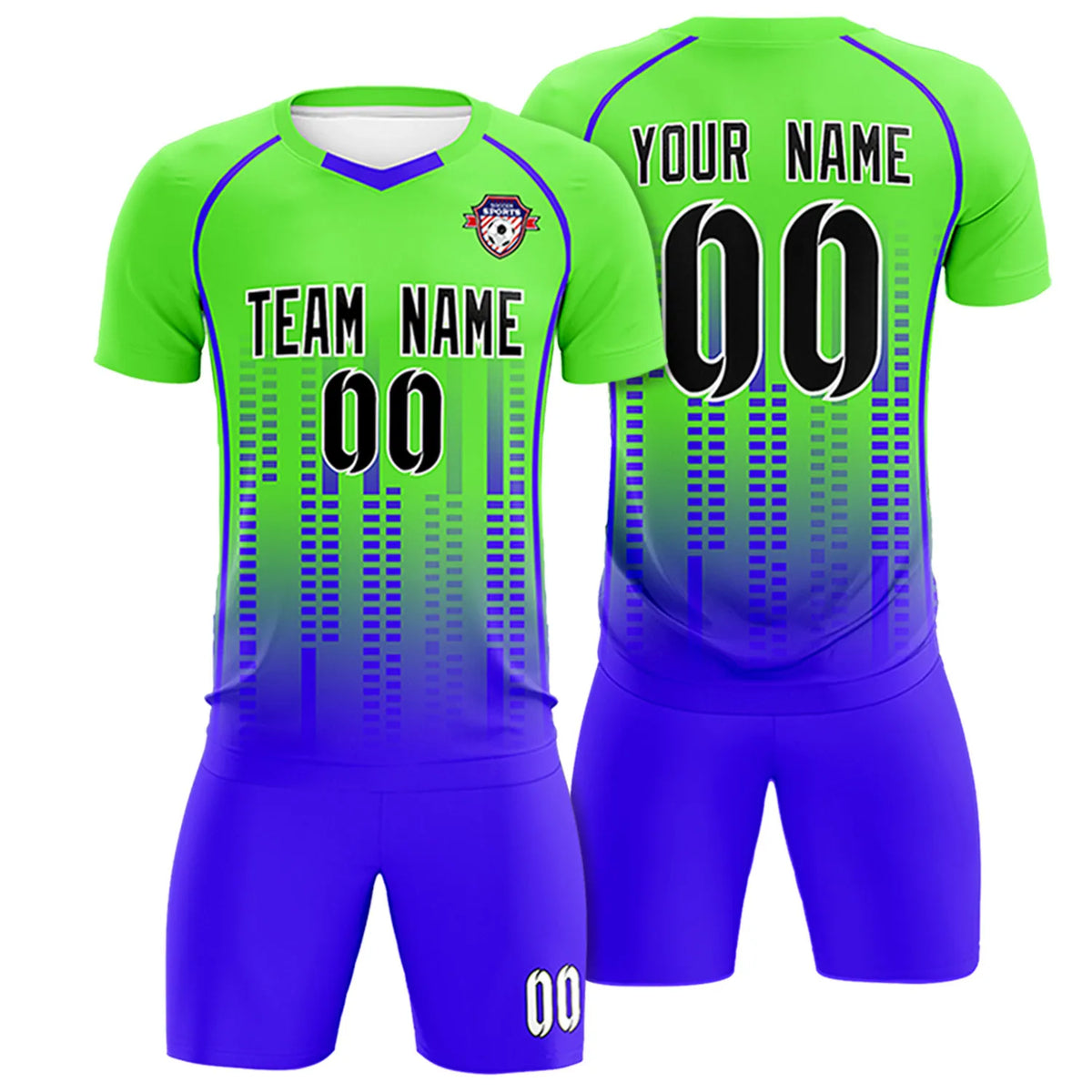 Custom Neon Green-Blue Printing Outdoor Tracksuit Soccer Sets Jersey