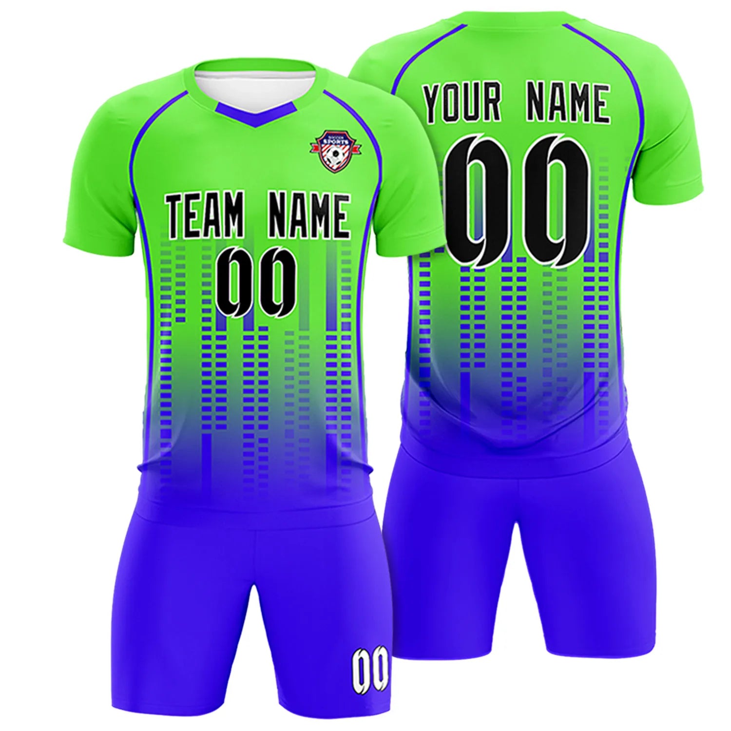 Custom Neon Green-Blue Printing Outdoor Tracksuit Soccer Sets Jersey