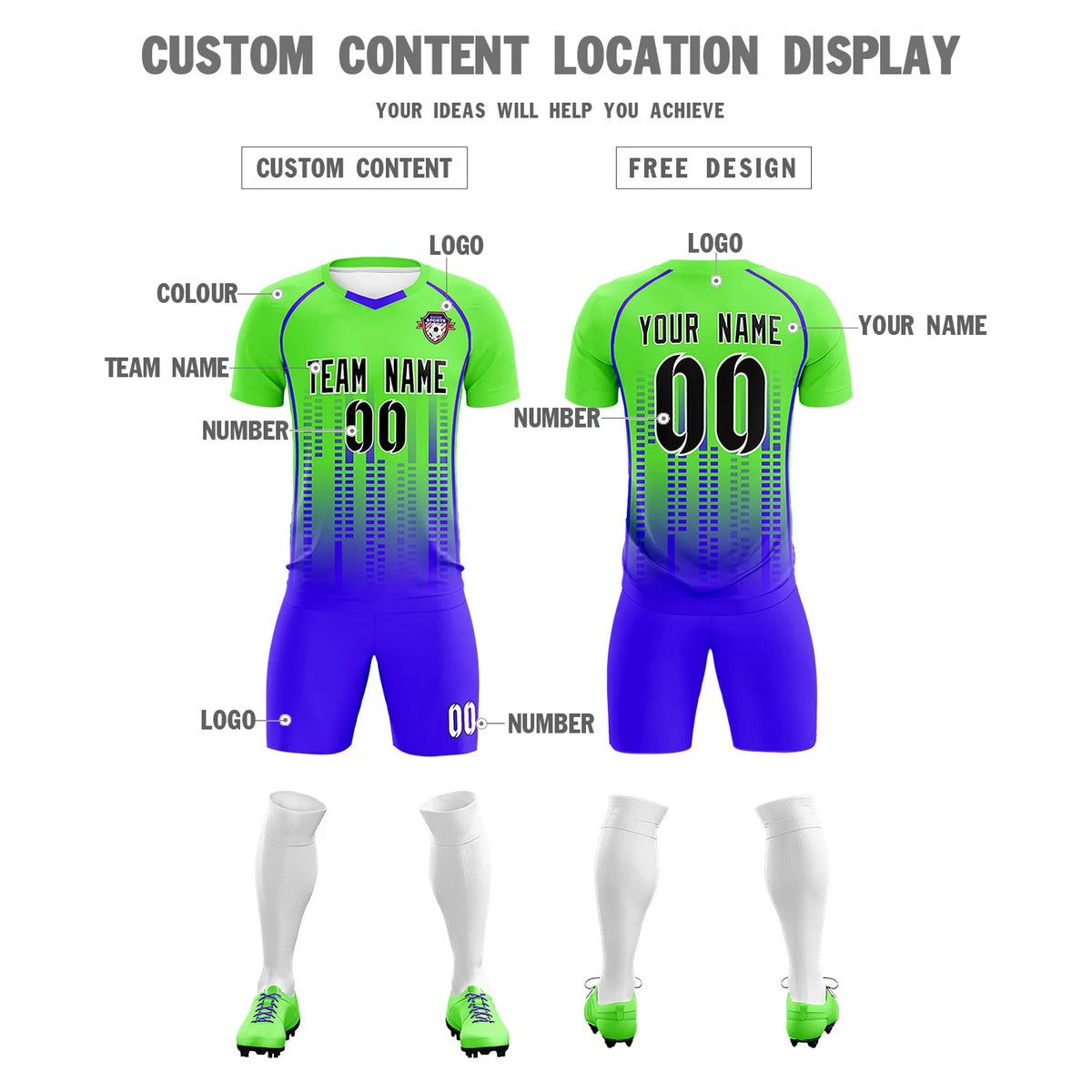 Custom Neon Green-Blue Printing Outdoor Tracksuit Soccer Sets Jersey