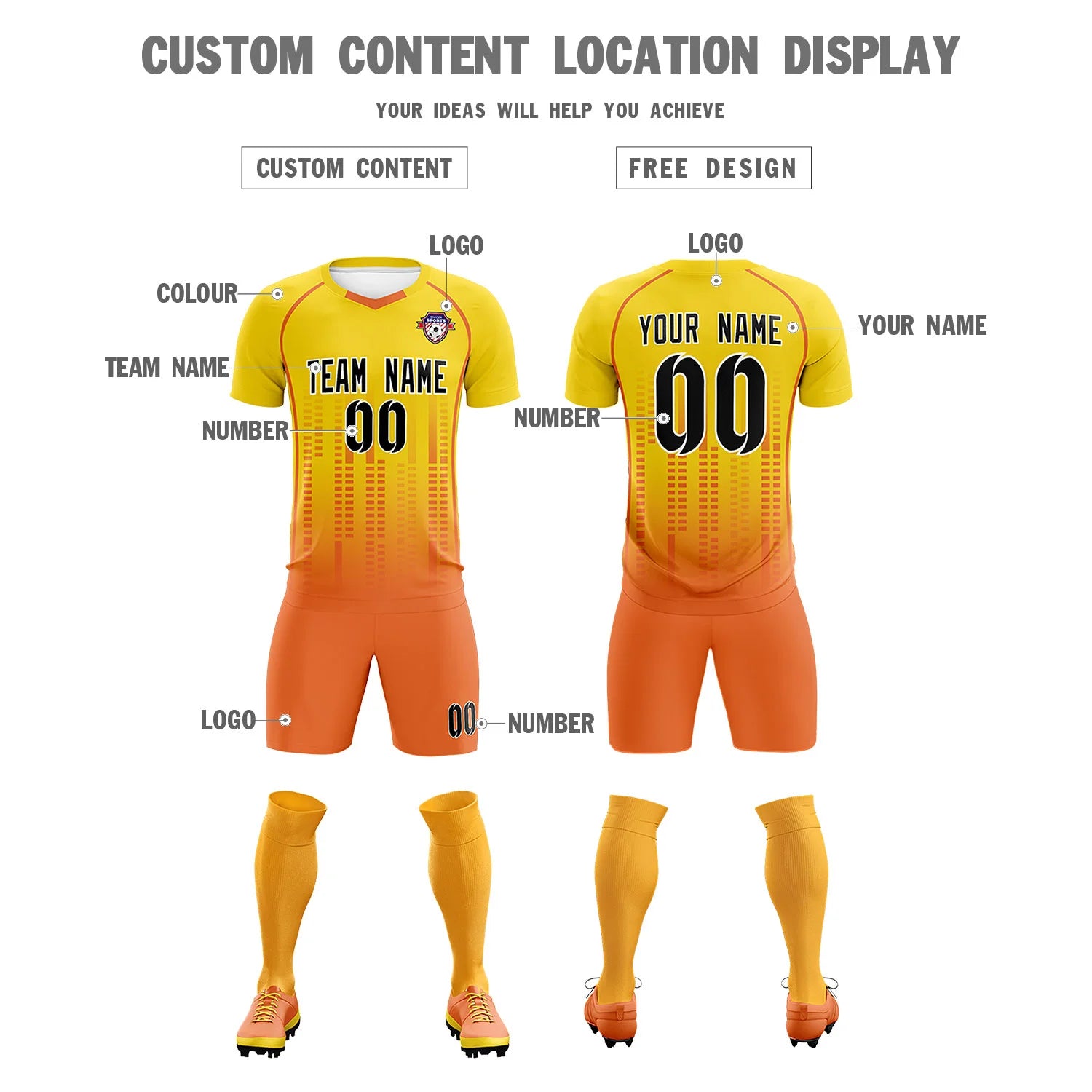 Custom Yellow Orange Printing Outdoor Tracksuit Soccer Sets Jersey