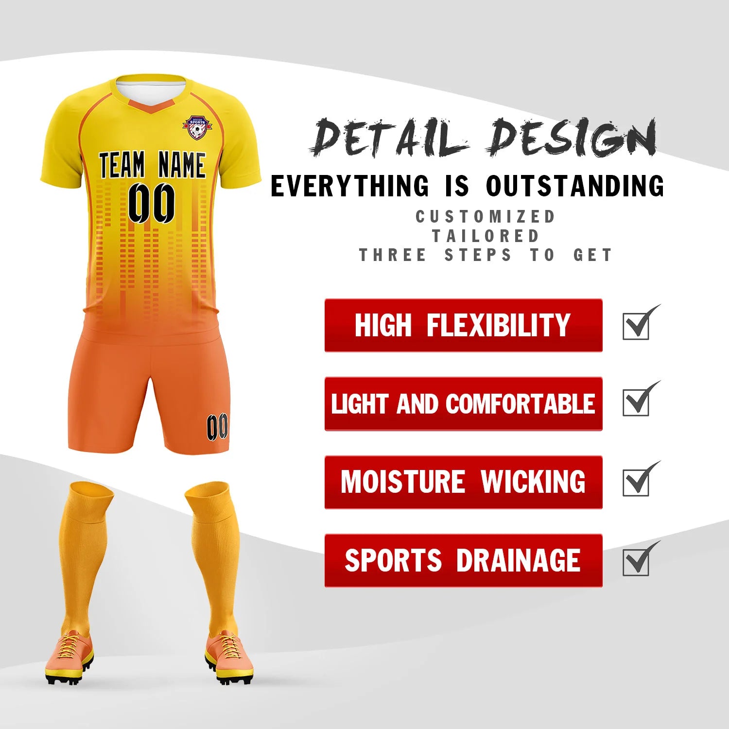 Custom Yellow Orange Printing Outdoor Tracksuit Soccer Sets Jersey